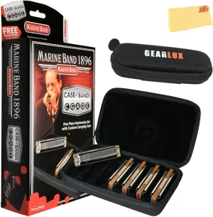 Hohner MBC Marine Band 1896 Harmonica - 5 Pack Bundle with Case, Zip Pouch, and Austin Bazaar Polishing Cloth