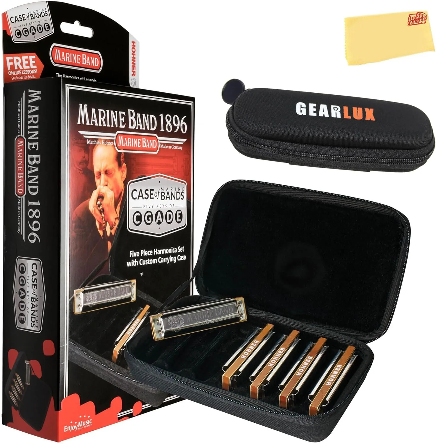 Hohner MBC Marine Band 1896 Harmonica - 5 Pack Bundle with Case, Zip Pouch, and Austin Bazaar Polishing Cloth