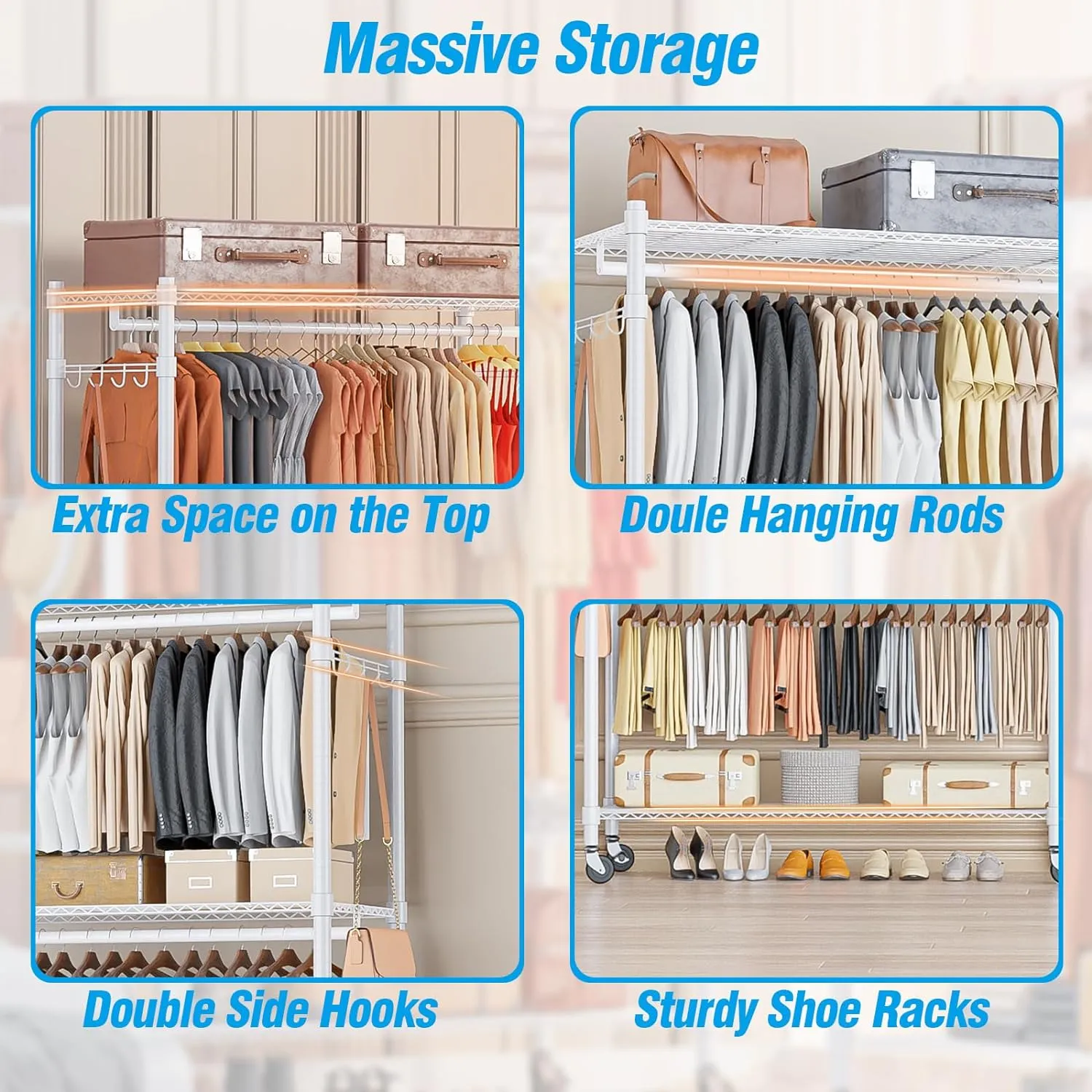 Homdox 3 Tier Garment Rack with Wheels, Portable Closets for Hanging Clothes Heavy Duty, Closet Racks and Shelving with Double Hanger Rods & Side Hooks, White
