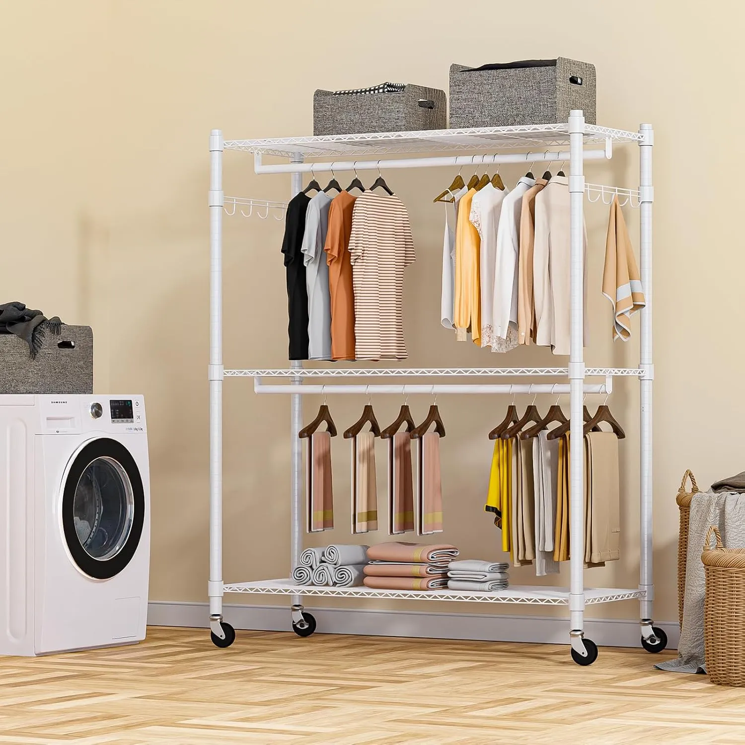 Homdox 3 Tier Garment Rack with Wheels, Portable Closets for Hanging Clothes Heavy Duty, Closet Racks and Shelving with Double Hanger Rods & Side Hooks, White