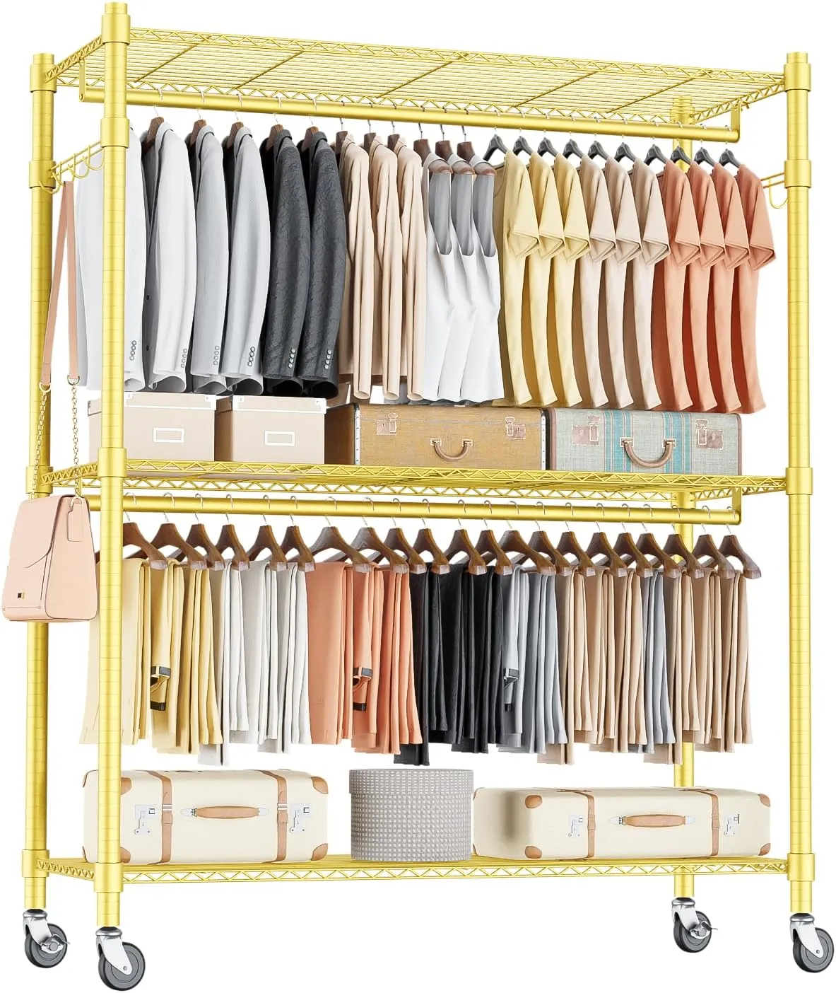 Homdox Rolling Garment Rack with Adjustable Wire Storage Racks, Heavy Duty Portable Closet for Hanging Clothes, Freestanding Closet Wardrobe Metal Clothing Rack, Gold
