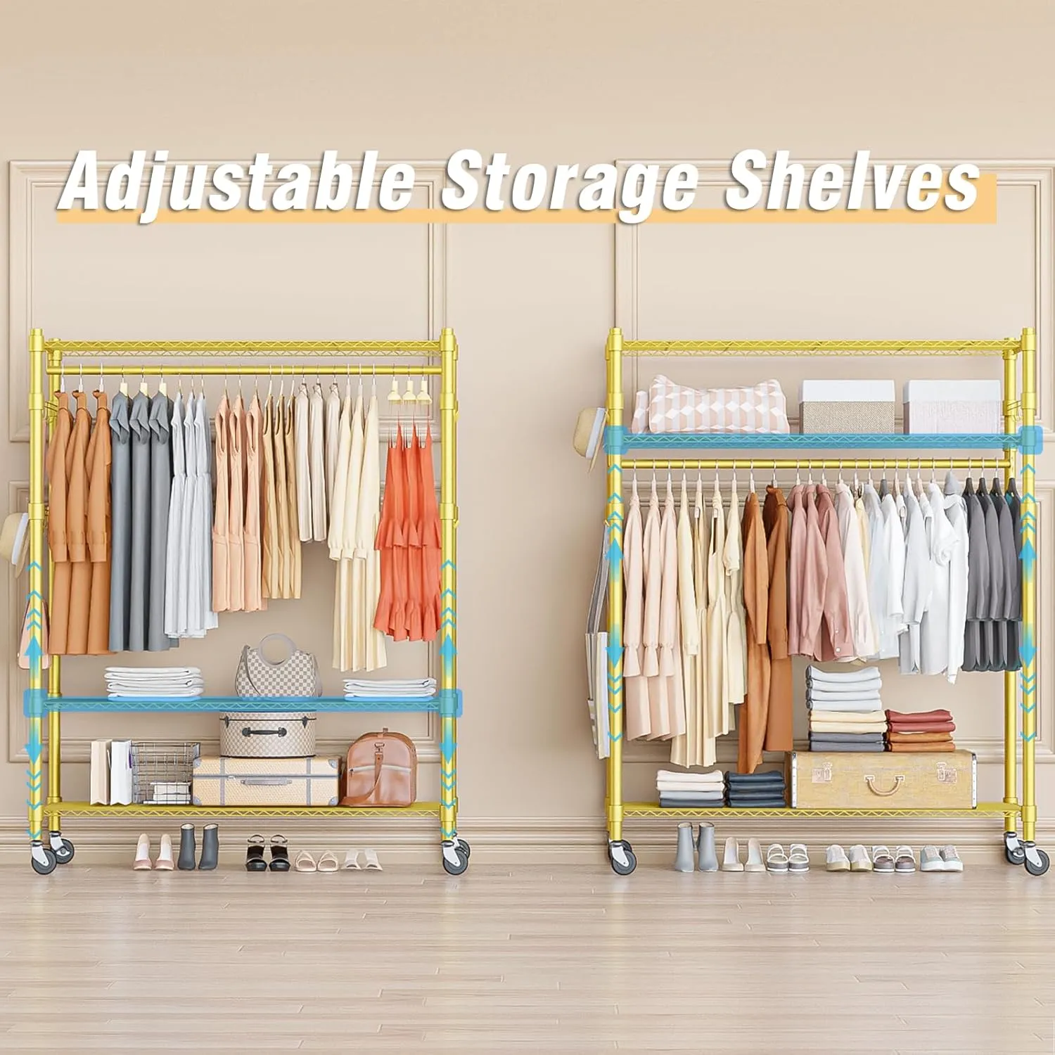 Homdox Rolling Garment Rack with Adjustable Wire Storage Racks, Heavy Duty Portable Closet for Hanging Clothes, Freestanding Closet Wardrobe Metal Clothing Rack, Gold