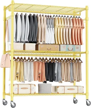 Homdox Rolling Garment Rack with Adjustable Wire Storage Racks, Heavy Duty Portable Closet for Hanging Clothes, Freestanding Closet Wardrobe Metal Clothing Rack, Gold
