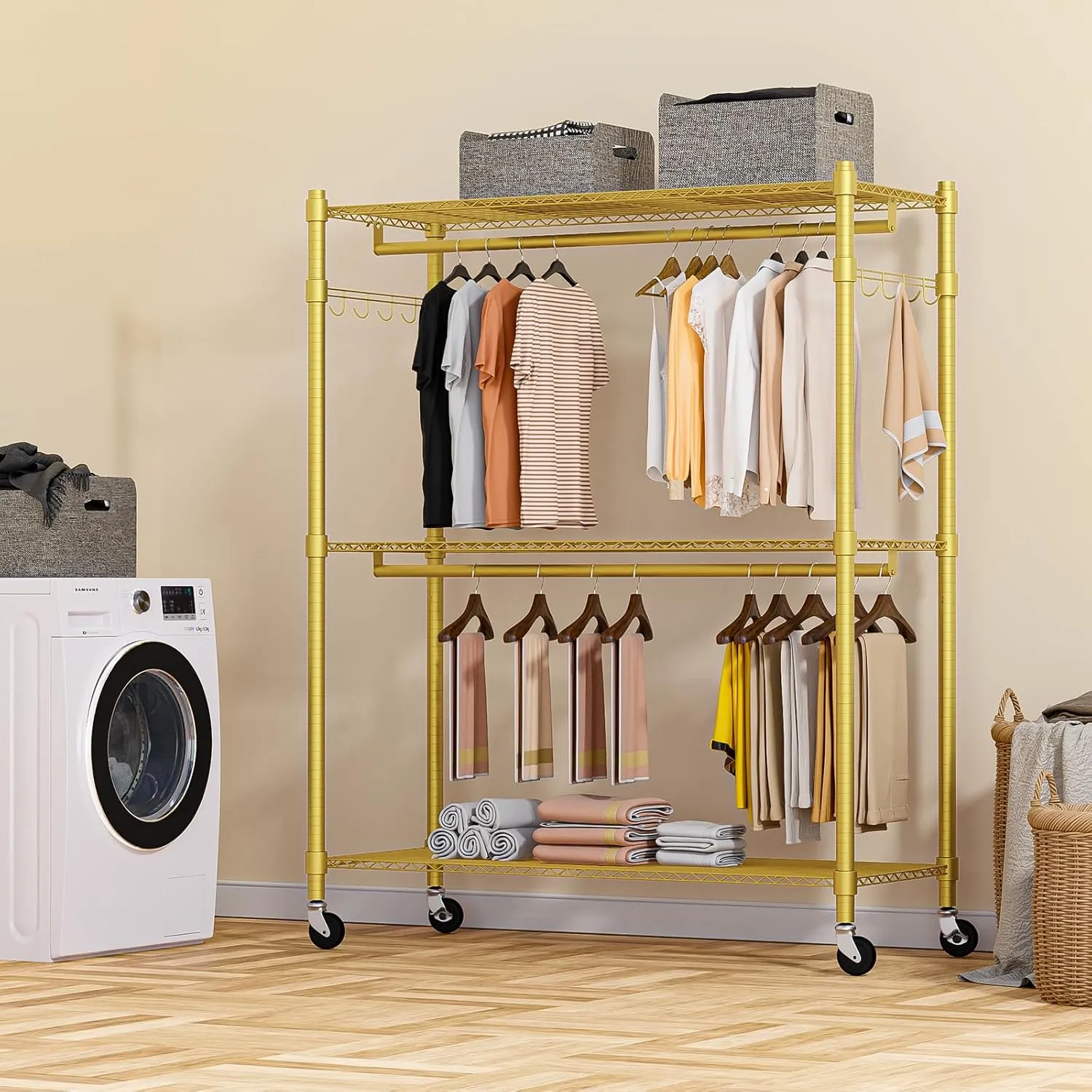 Homdox Rolling Garment Rack with Adjustable Wire Storage Racks, Heavy Duty Portable Closet for Hanging Clothes, Freestanding Closet Wardrobe Metal Clothing Rack, Gold