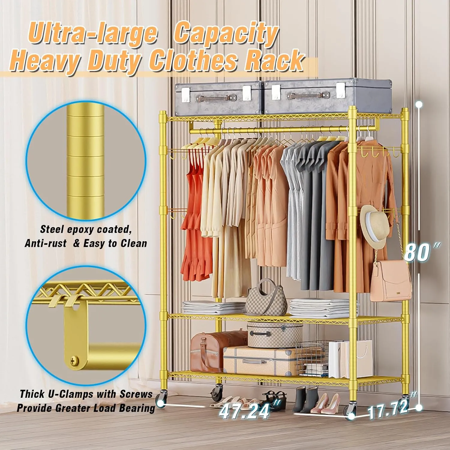 Homdox Rolling Garment Rack with Adjustable Wire Storage Racks, Heavy Duty Portable Closet for Hanging Clothes, Freestanding Closet Wardrobe Metal Clothing Rack, Gold