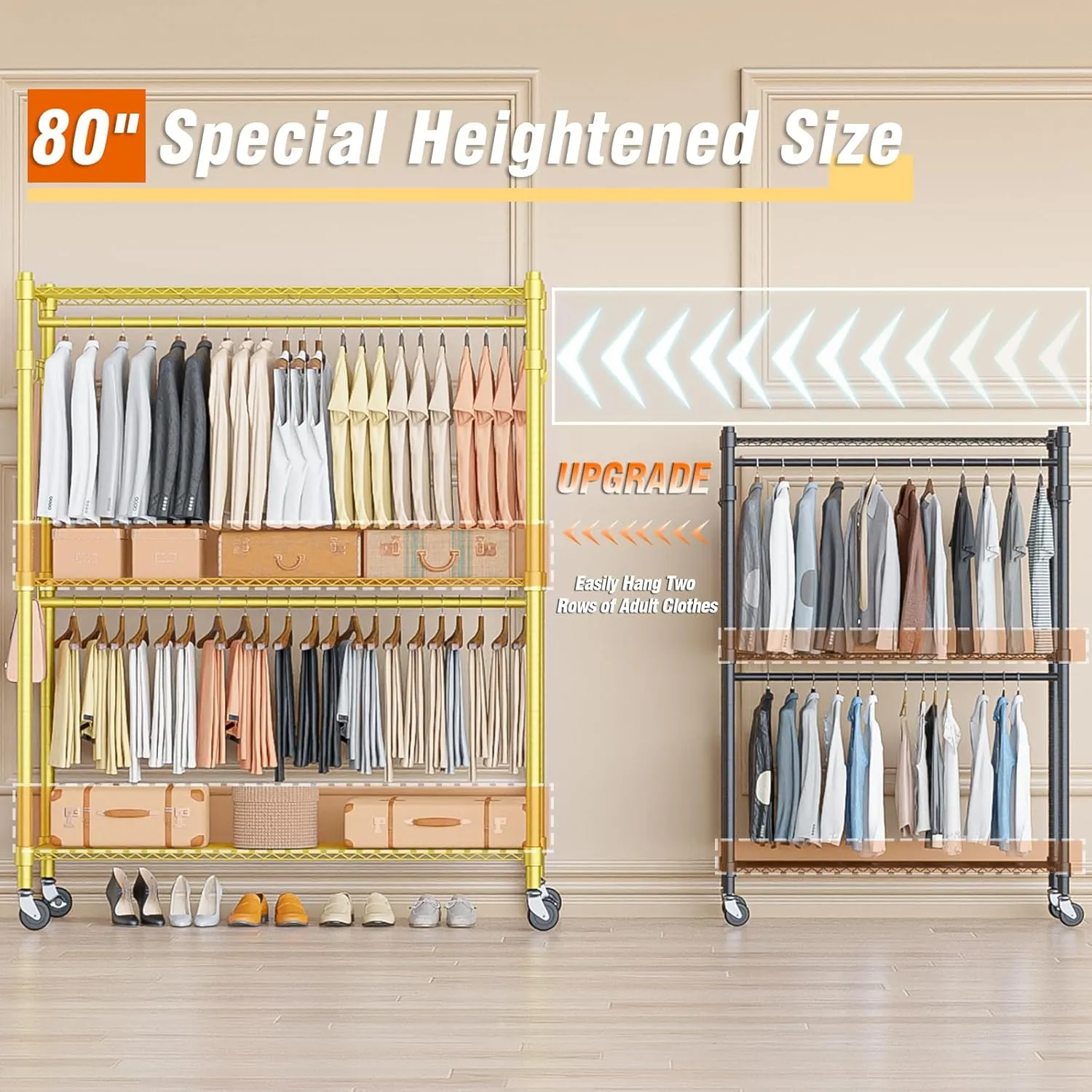 Homdox Rolling Garment Rack with Adjustable Wire Storage Racks, Heavy Duty Portable Closet for Hanging Clothes, Freestanding Closet Wardrobe Metal Clothing Rack, Gold