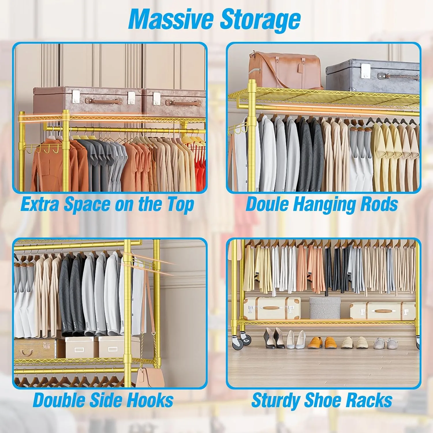 Homdox Rolling Garment Rack with Adjustable Wire Storage Racks, Heavy Duty Portable Closet for Hanging Clothes, Freestanding Closet Wardrobe Metal Clothing Rack, Gold