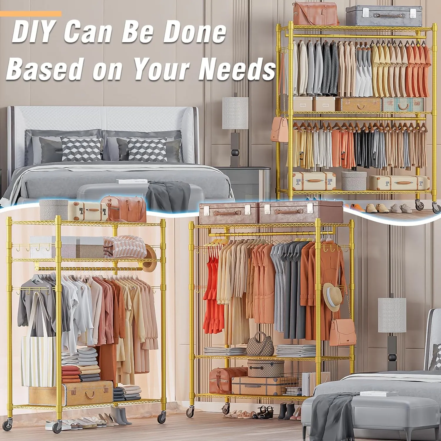 Homdox Rolling Garment Rack with Adjustable Wire Storage Racks, Heavy Duty Portable Closet for Hanging Clothes, Freestanding Closet Wardrobe Metal Clothing Rack, Gold