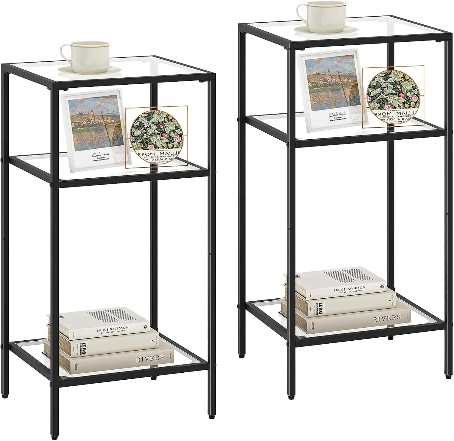 Homhedy 3-Tier Side Tables Set of 2, End Tables with Tempered Glass, Nightstands with Storage Shelves, Slim Sofa Tables for Living Room, Bedroom (2, Black)