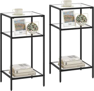 Homhedy 3-Tier Side Tables Set of 2, End Tables with Tempered Glass, Nightstands with Storage Shelves, Slim Sofa Tables for Living Room, Bedroom (2, Black)