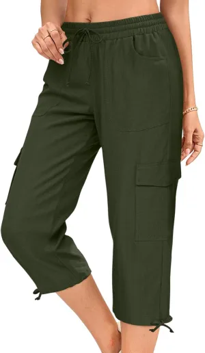 HOTGIFT Women Capris Cargo Pants 2025 Summer Hiking Pants Casual Lightweight Outdoor Quick Dry with 6 Pockets