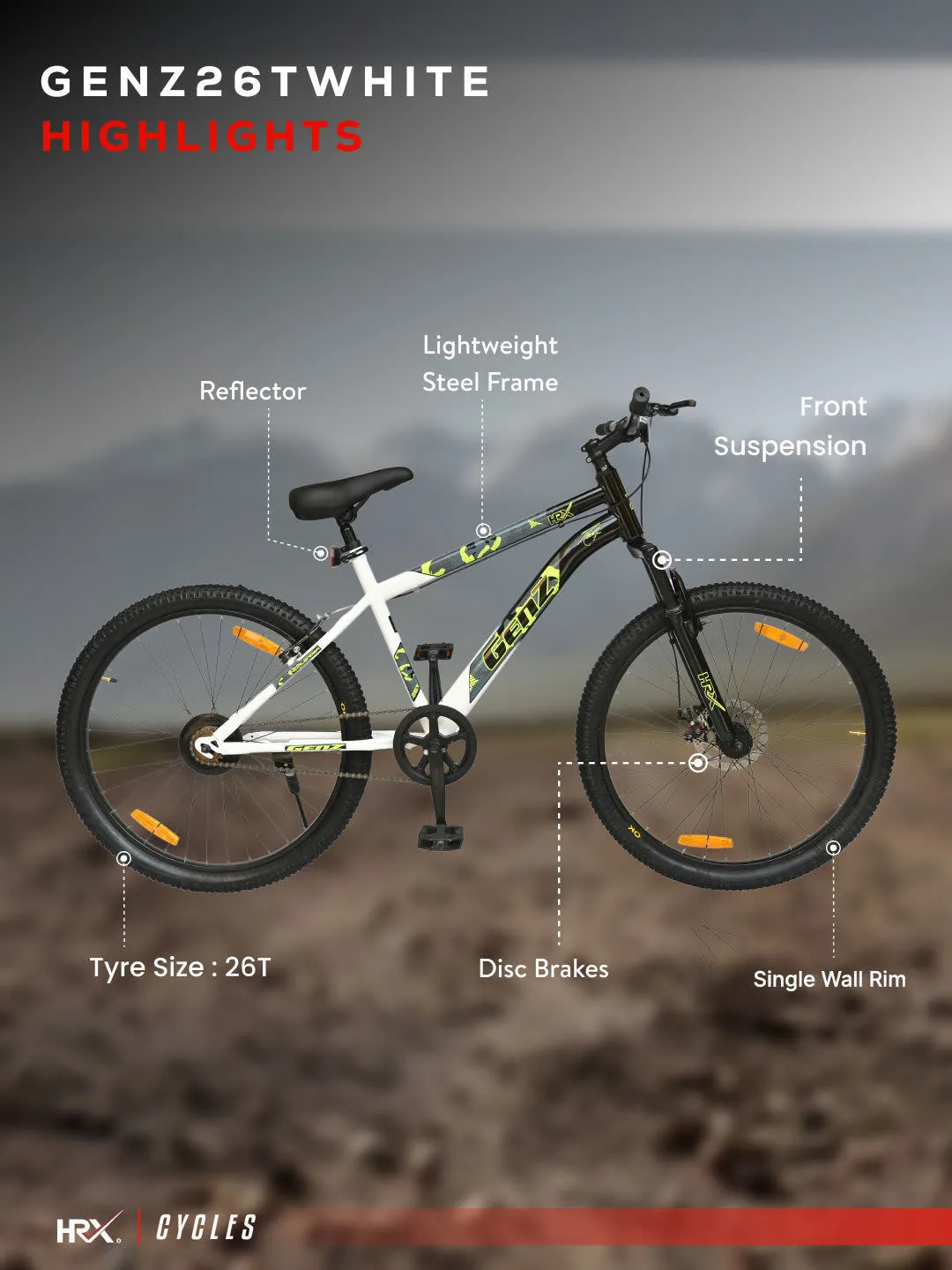 HRX Cycles by Hrithik Roshan GENZ26TWHITE Steel Single Speed 26 inch Mountain Cycle, White, Free Trainer Sessions and Cycling Event