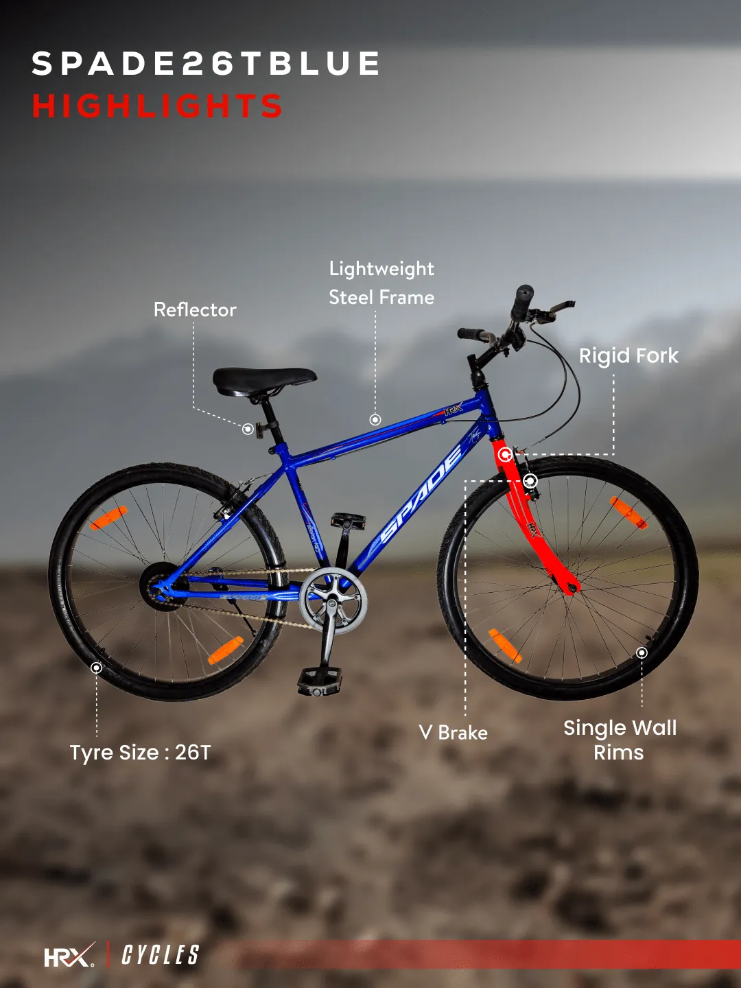 HRX Cycles by Hrithik Roshan SPADE26TBLUE Steel Single Speed 26 inch City Bike, Blue, Free Trainer Sessions and Cycling Event