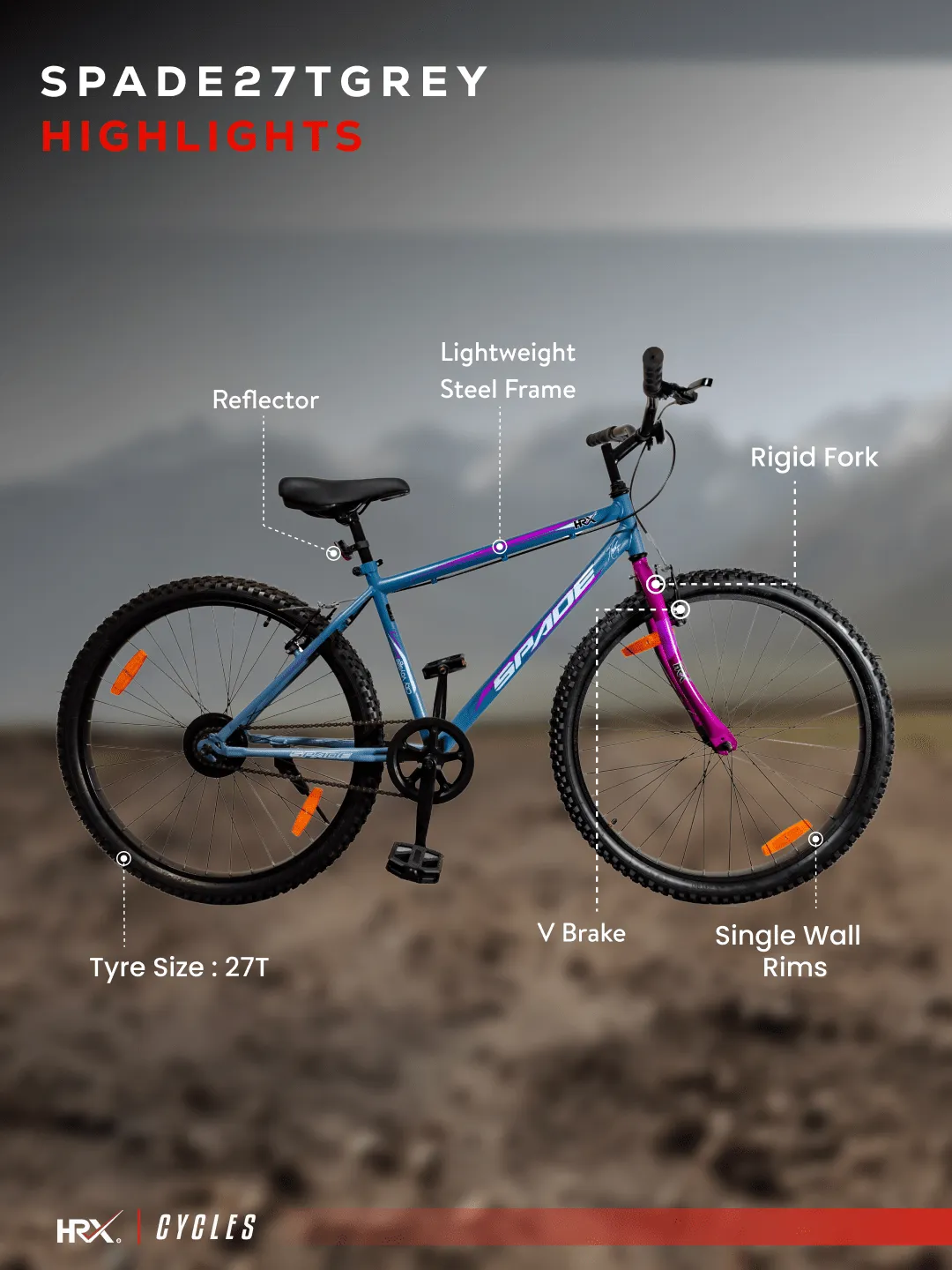 HRX Cycles by Hrithik Roshan SPADE27TGREY Steel Single Speed 27.5 inch City Bike, Grey, Free Trainer Sessions and Cycling Event