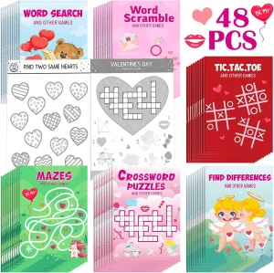 Hungdao 48 Pcs Valentine's Day Mini Activity Books for Boys Girls, Mini Fun and Games, Challenging Activities Include Mazes, Word Search, Find Difference and More for Party Classroom Gift