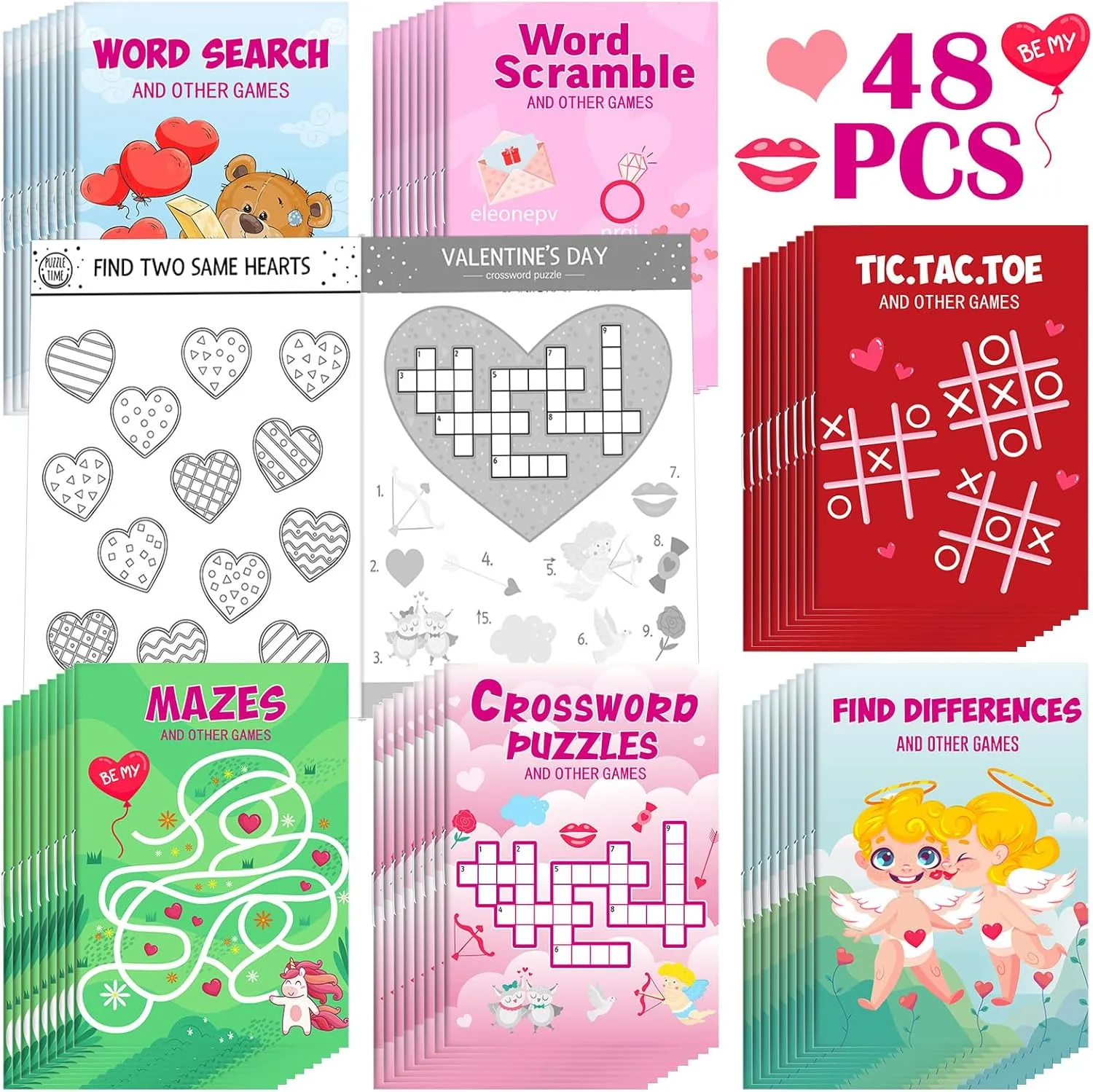 Hungdao 48 Pcs Valentine's Day Mini Activity Books for Boys Girls, Mini Fun and Games, Challenging Activities Include Mazes, Word Search, Find Difference and More for Party Classroom Gift