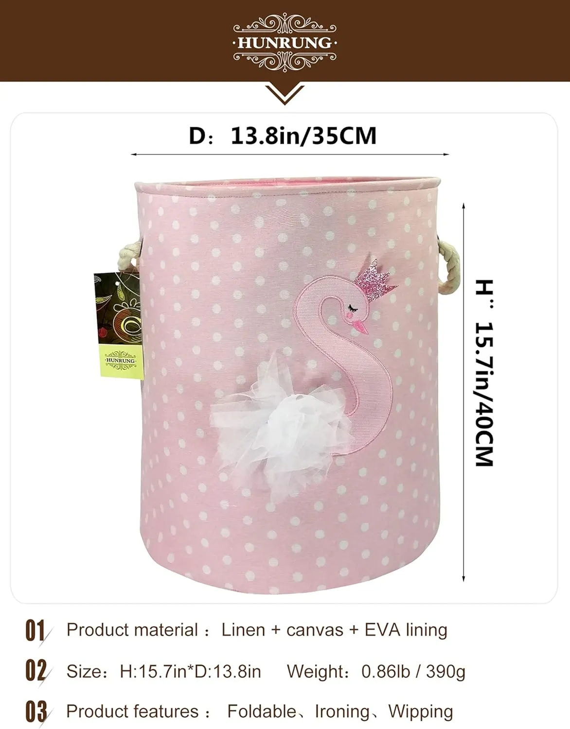 HUNRUNG Large Laundry Hamper,Cartoon Organizer Bin for Children Nursery,Toys,Laundry,Children Clothing,Gift Baskets (Swan)