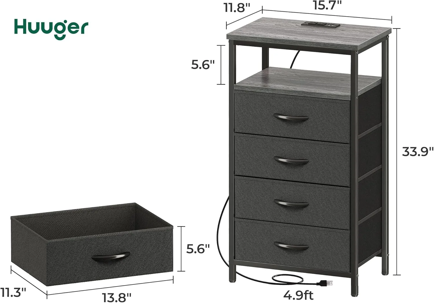 Huuger Night Stand with Charging Station, 4 Drawer Dresser for Bedroom, Bedside Table, 33.9 Inch Tall Nightstand with Open Shelf, End Table, for Closet, Entryway, Bedroooom, Gray
