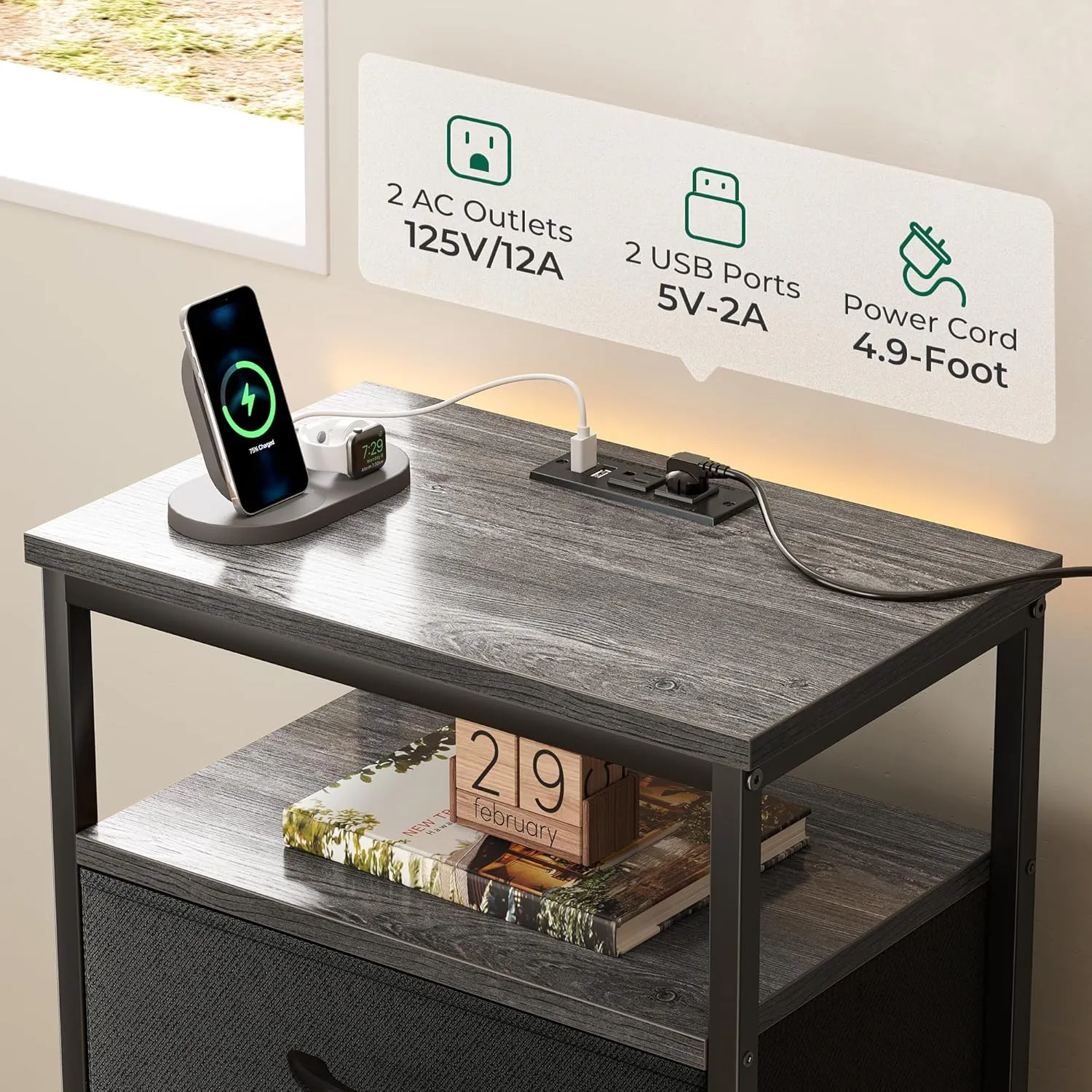 Huuger Night Stand with Charging Station, 4 Drawer Dresser for Bedroom, Bedside Table, 33.9 Inch Tall Nightstand with Open Shelf, End Table, for Closet, Entryway, Bedroooom, Gray