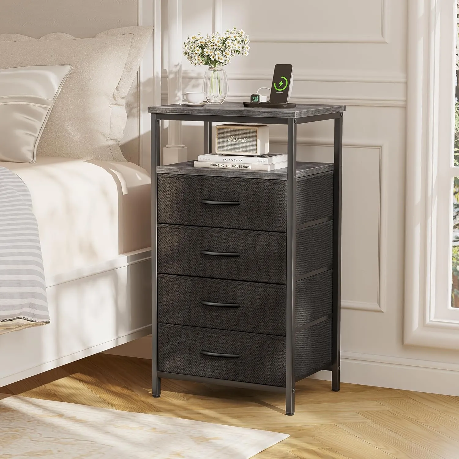 Huuger Night Stand with Charging Station, 4 Drawer Dresser for Bedroom, Bedside Table, 33.9 Inch Tall Nightstand with Open Shelf, End Table, for Closet, Entryway, Bedroooom, Gray