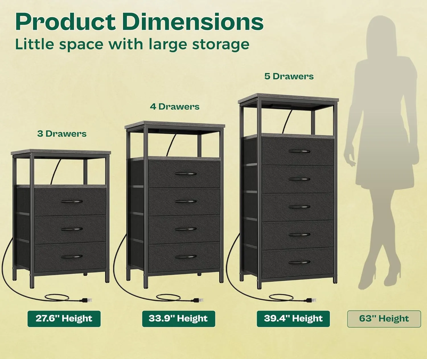 Huuger Night Stand with Charging Station, 4 Drawer Dresser for Bedroom, Bedside Table, 33.9 Inch Tall Nightstand with Open Shelf, End Table, for Closet, Entryway, Bedroooom, Gray