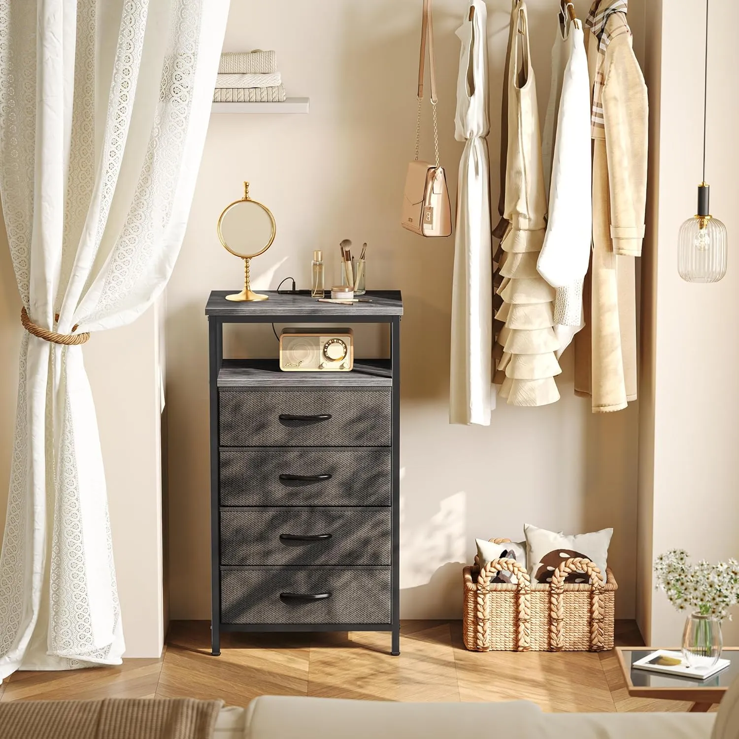 Huuger Night Stand with Charging Station, 4 Drawer Dresser for Bedroom, Bedside Table, 33.9 Inch Tall Nightstand with Open Shelf, End Table, for Closet, Entryway, Bedroooom, Gray