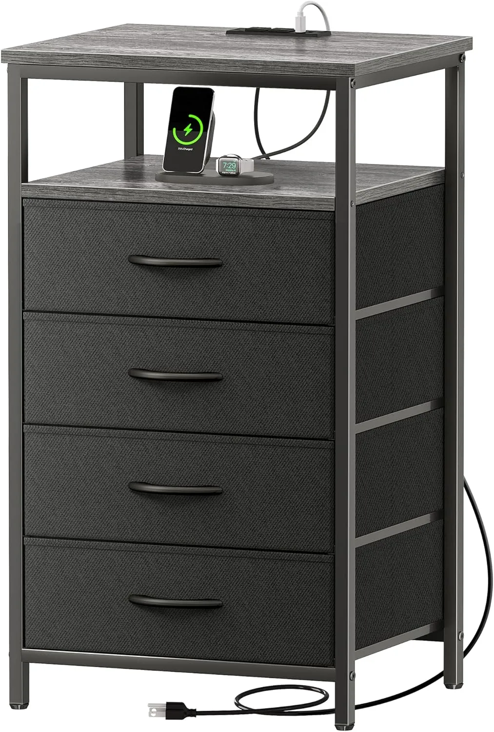 Huuger Night Stand with Charging Station, 4 Drawer Dresser for Bedroom, Bedside Table, 33.9 Inch Tall Nightstand with Open Shelf, End Table, for Closet, Entryway, Bedroooom, Gray