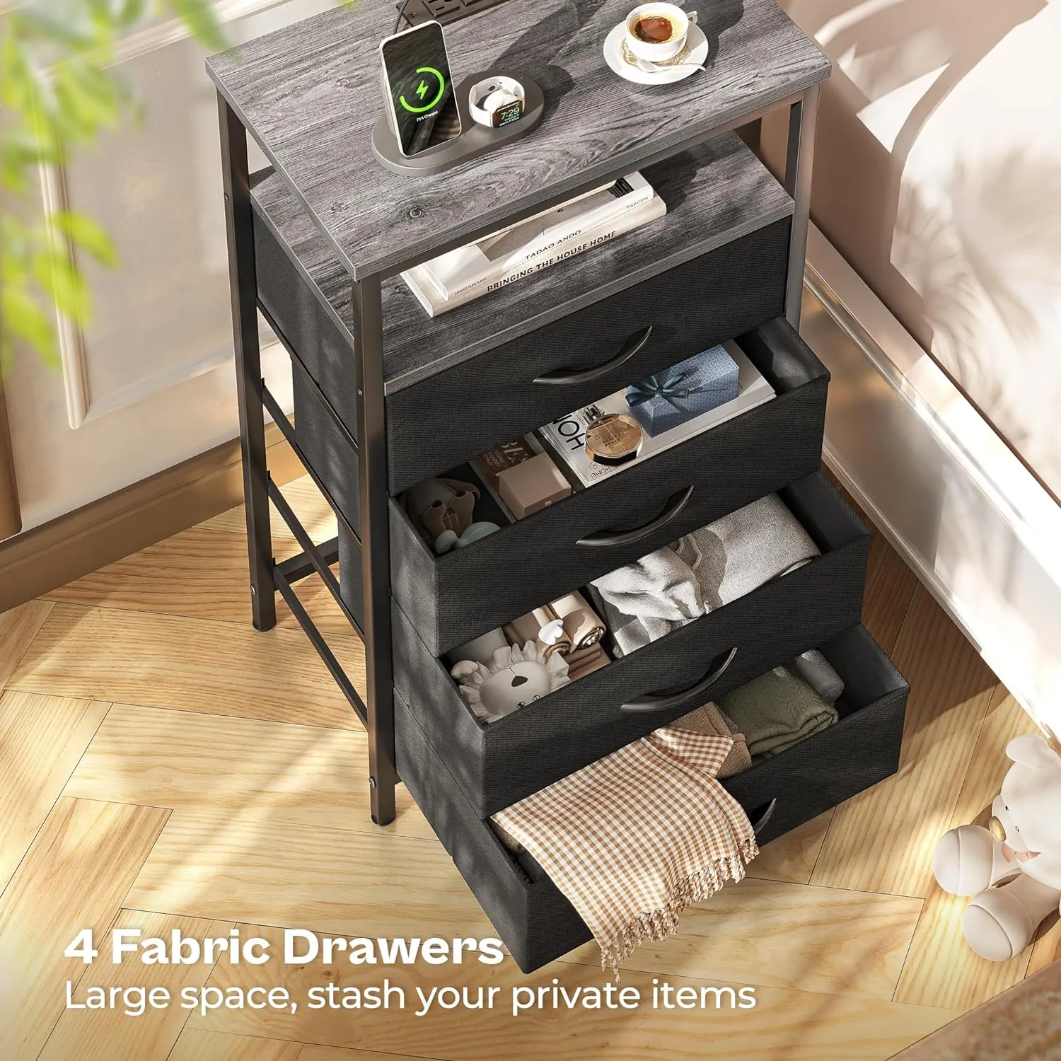 Huuger Night Stand with Charging Station, 4 Drawer Dresser for Bedroom, Bedside Table, 33.9 Inch Tall Nightstand with Open Shelf, End Table, for Closet, Entryway, Bedroooom, Gray