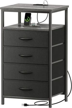 Huuger Night Stand with Charging Station, 4 Drawer Dresser for Bedroom, Bedside Table, 33.9 Inch Tall Nightstand with Open Shelf, End Table, for Closet, Entryway, Bedroooom, Gray