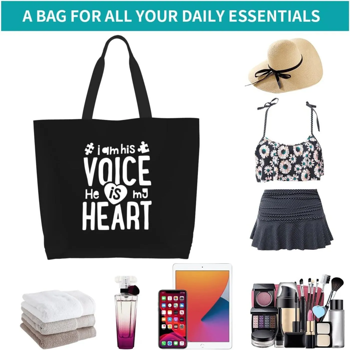 I Am His Voice He Is My Heart Women'S Lightweight Canvas Handbag Reusable Shopping Bag