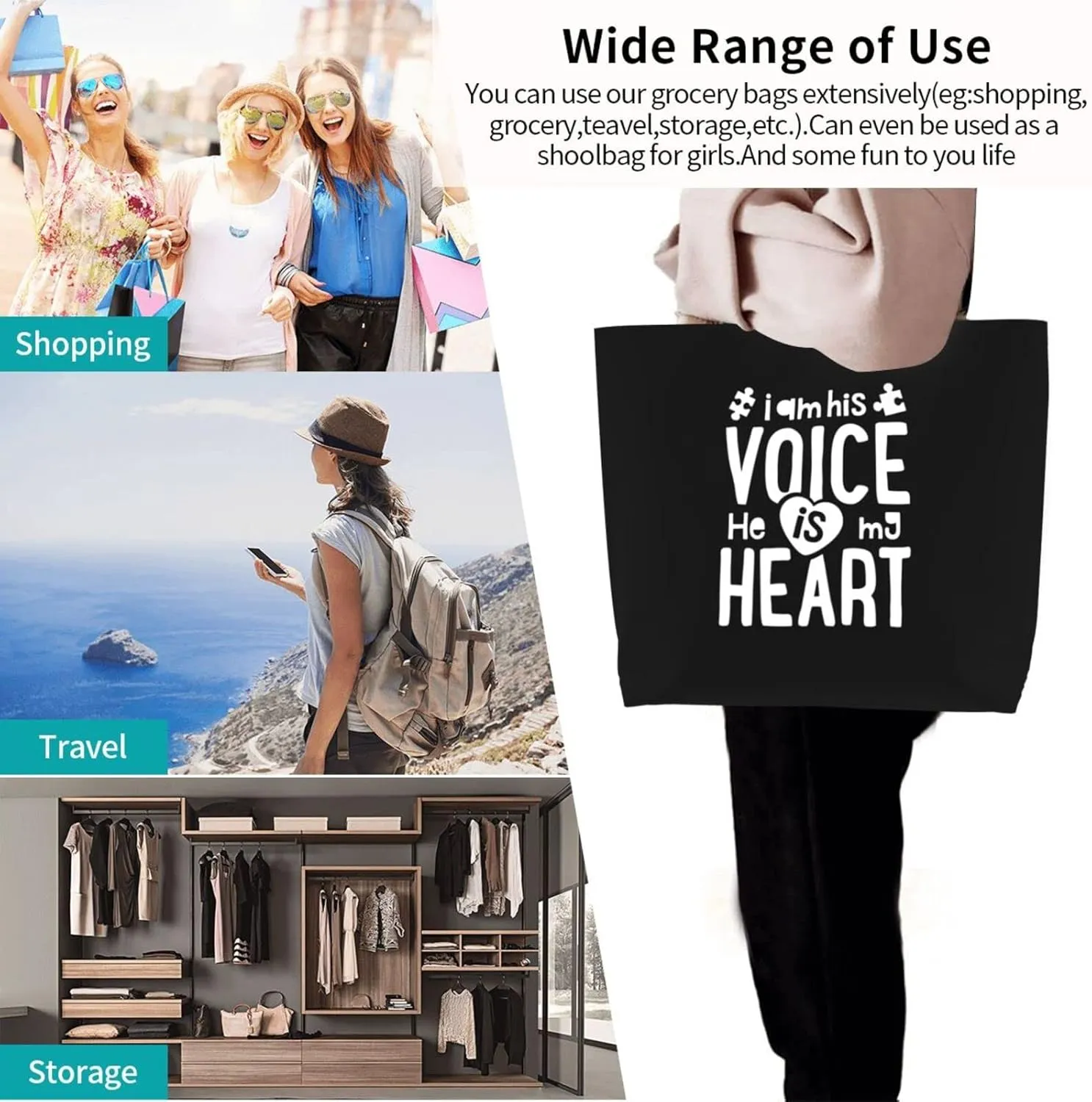 I Am His Voice He Is My Heart Women'S Lightweight Canvas Handbag Reusable Shopping Bag