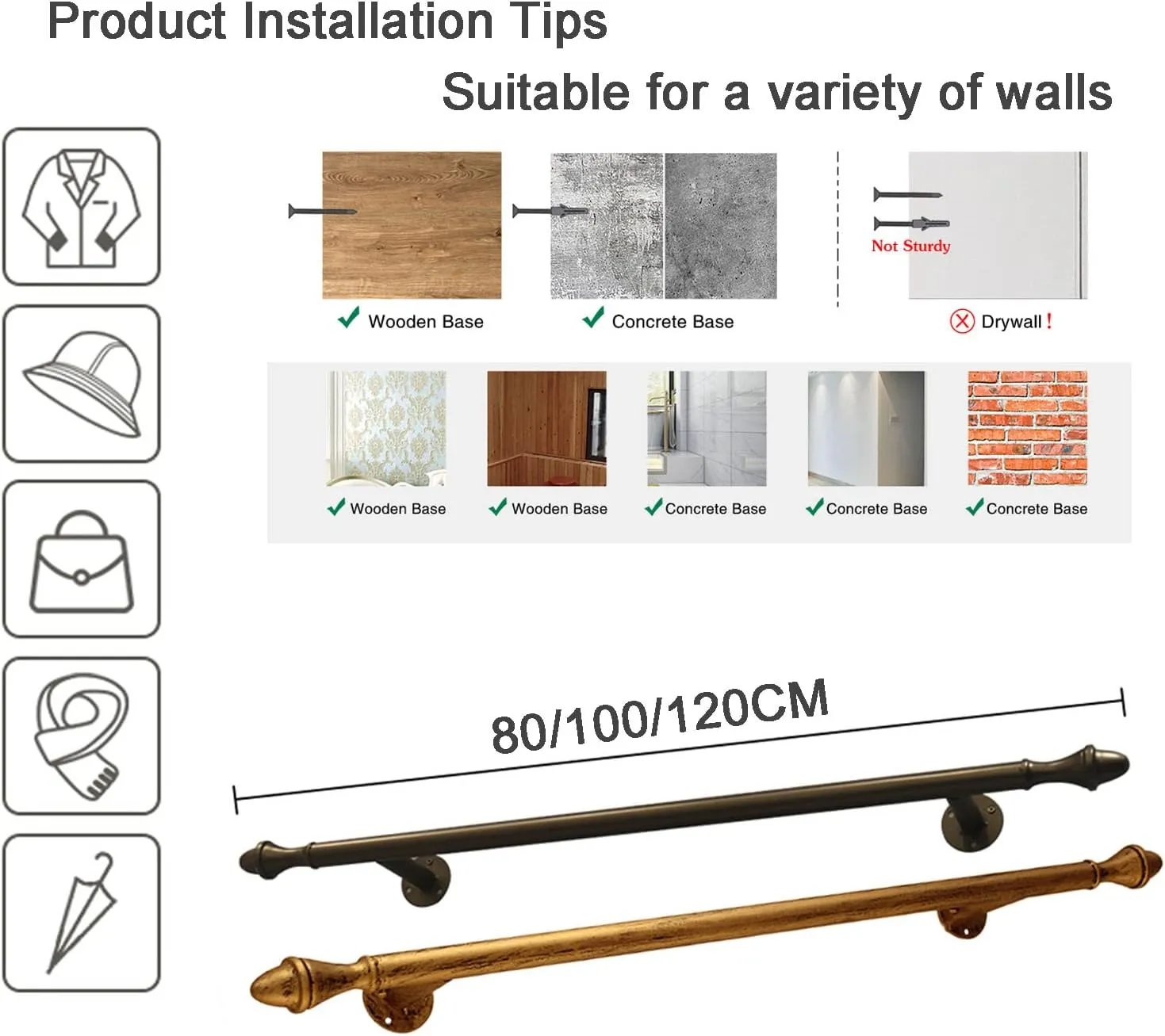 Industrial Pipe Clothing Garment Rack, Wall/Ceiling Mounted Detachable Black Iron Clothes Bar Heavy Duty Metal Hanging Rod for Retail Display, Closet Storage and Laundry Organizing