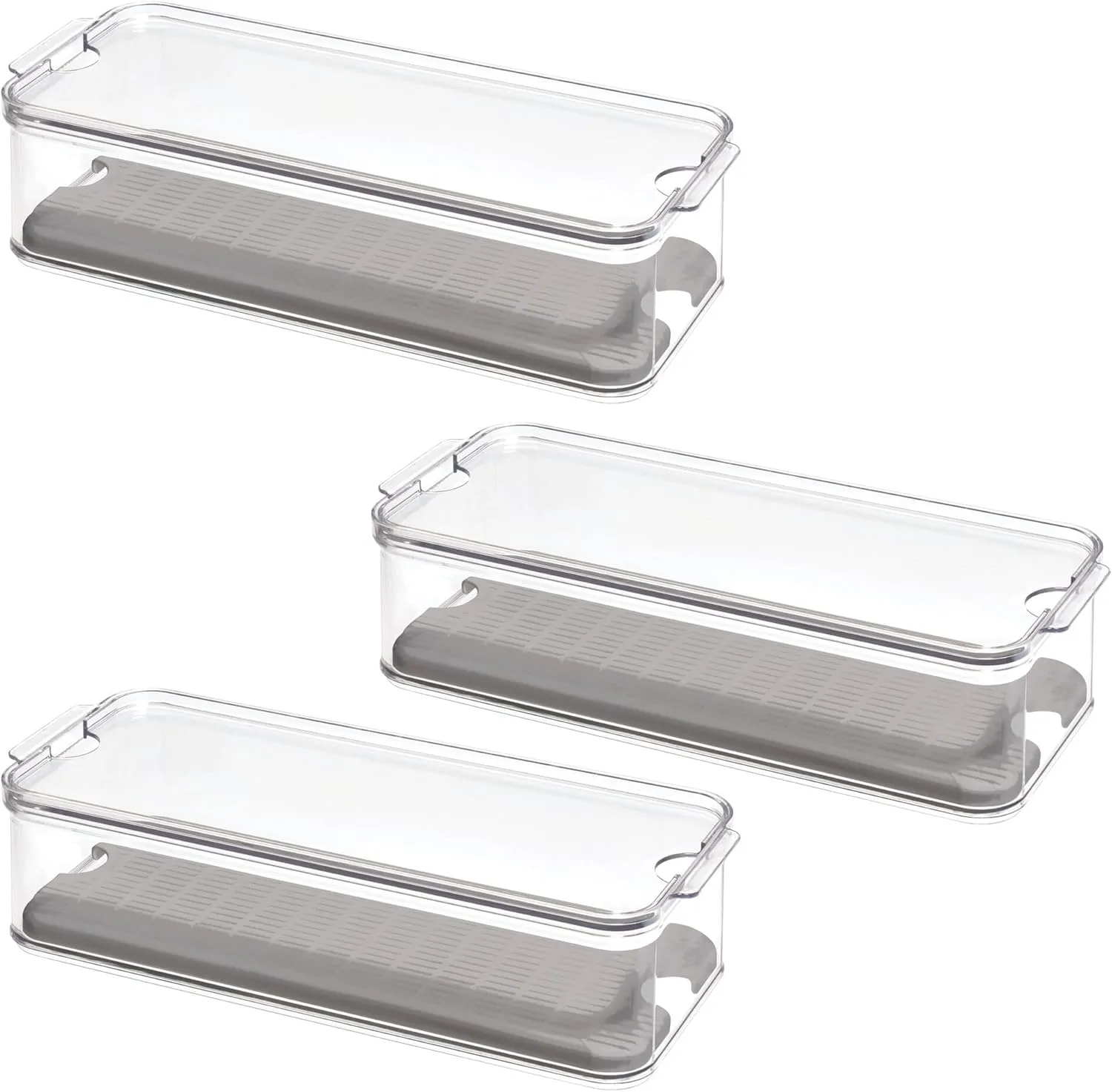 InterDesign iDesign Fridge Produce Bin with Removable Drainage Tray and Lid - Set of 3 - Clear/Gray