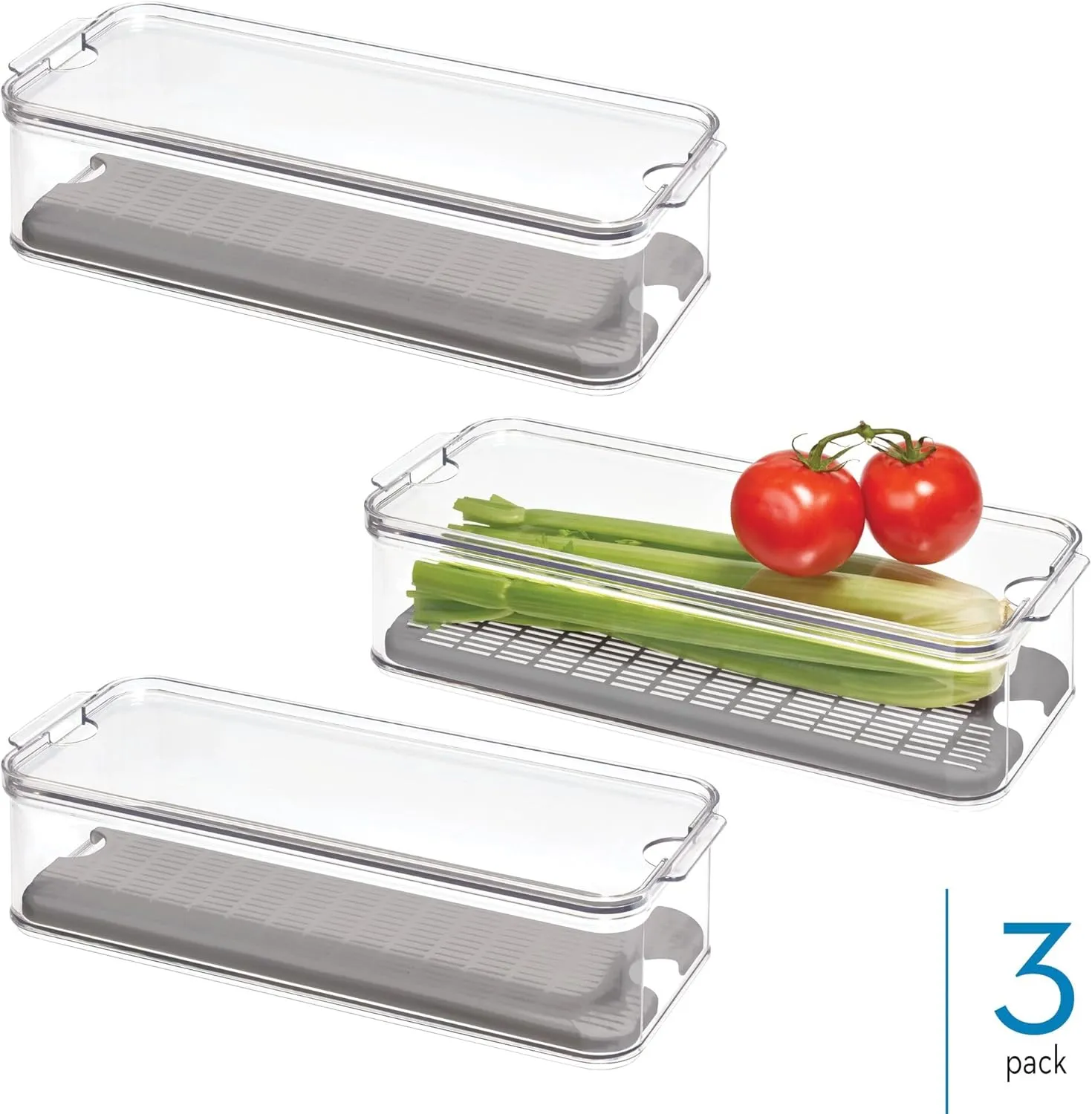InterDesign iDesign Fridge Produce Bin with Removable Drainage Tray and Lid - Set of 3 - Clear/Gray