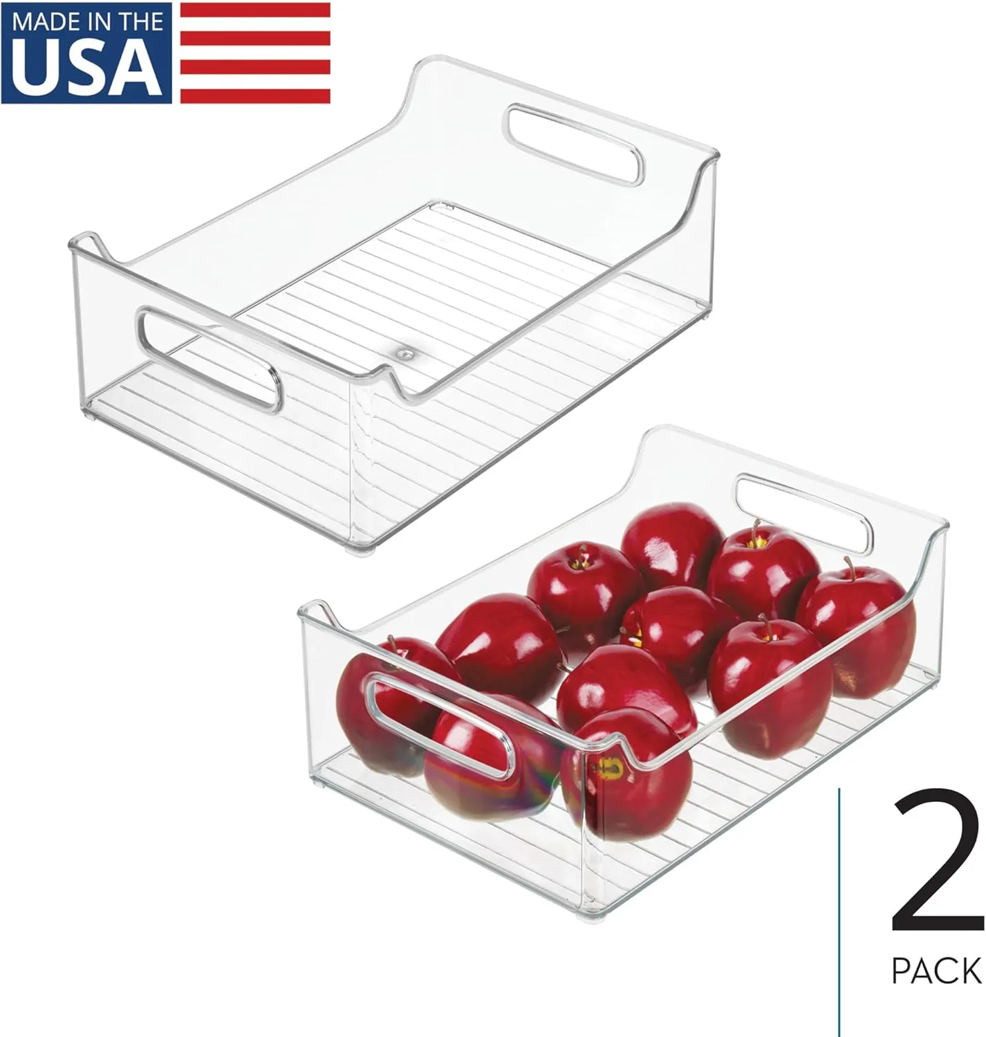 InterDesign iDesign Plastic Stackable Pantry Bin - Storage Bin with Handles for Cabinets or Fridge - Set of 2 - Clear