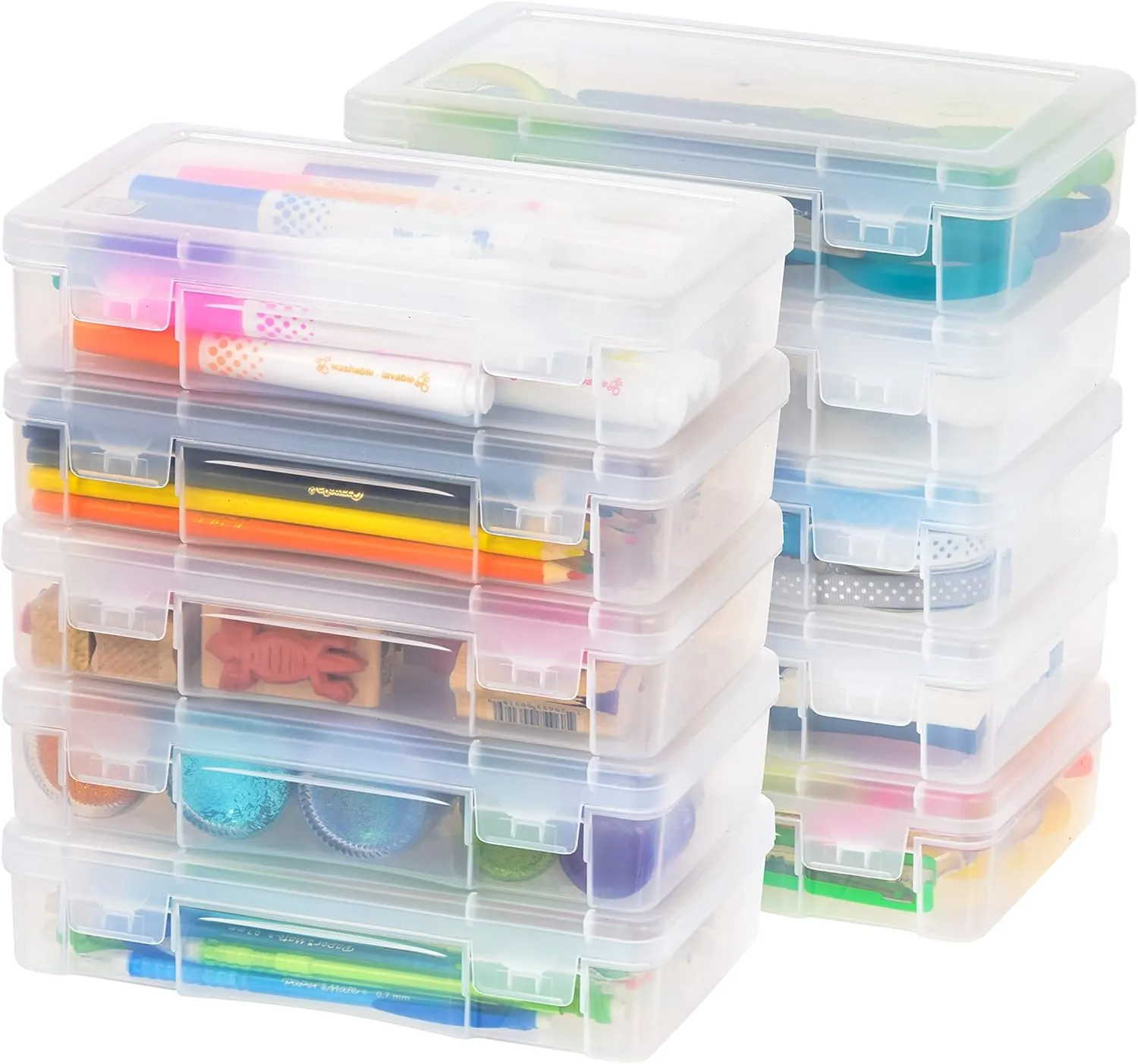 IRIS USA Pencil Case Box Storage Container for Organizing with Snap Lid, 10-Pack, Big Capacity Stackable Plastic Pen Pouch for Craft Hobby Art Supplies Journaling Stationery Sticker, Clear, Medium