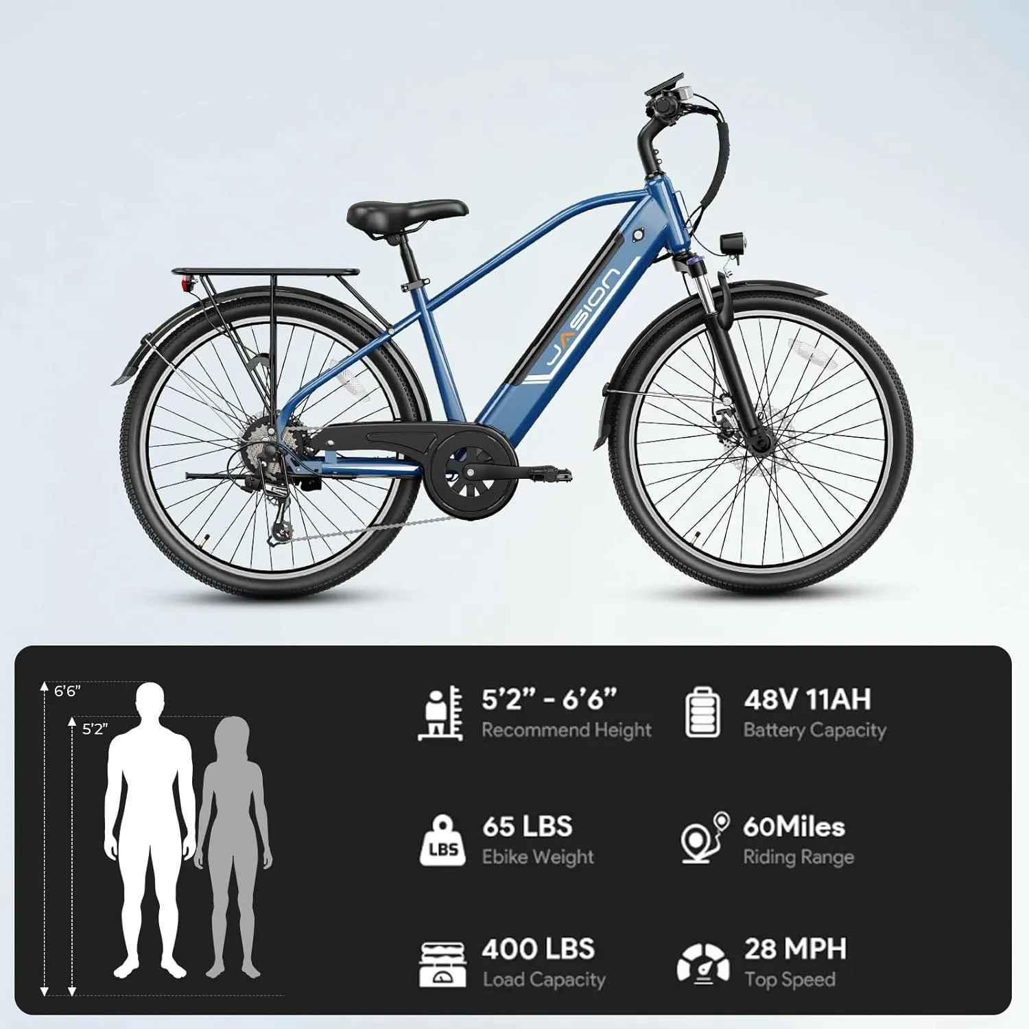 Jasion Roamer Electric Bike for Adults 1200W Peak Motor 528WH Removable Battery,up to 60miles 28MPH City Cruiser Ebike,26'' Commuter E Bike, 7-Speed Gears and Front Suspension Bicycles