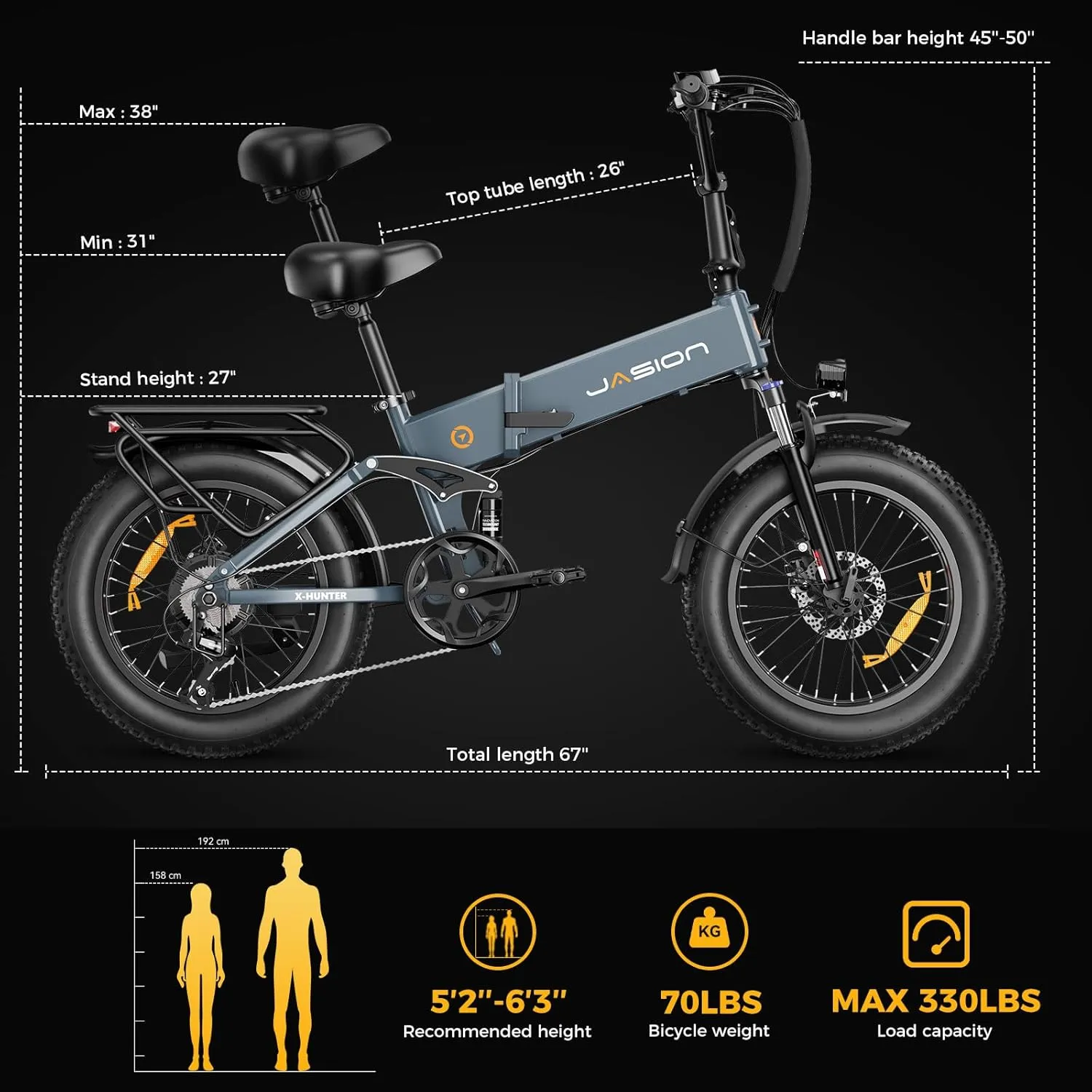 Jasion X-Hunter Electric Bike for Adults,1400W Peak Motor 30MPH Max Speed,48V 13AH Removable Battery, Full Suspension System Design,20''*4.0 Fat Tire Foldable Ebike 7-Speed Bicycles