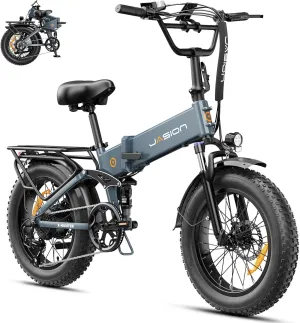 Jasion X-Hunter Electric Bike for Adults,1400W Peak Motor 30MPH Max Speed,48V 13AH Removable Battery, Full Suspension System Design,20''*4.0 Fat Tire Foldable Ebike 7-Speed Bicycles