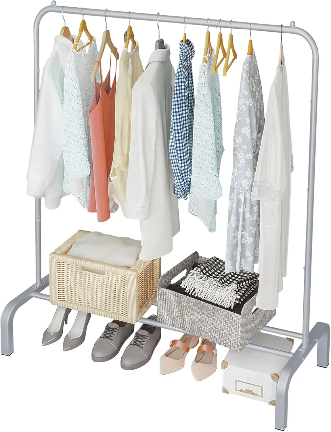 JIUYOTREE Metal Clothing Rack 43.3 Inches Clothes Garment Coat Rack with Bottom Shelf Clothing Rack for Hanging Clothes Coats Skirts Shirts Sweaters Silver Gray