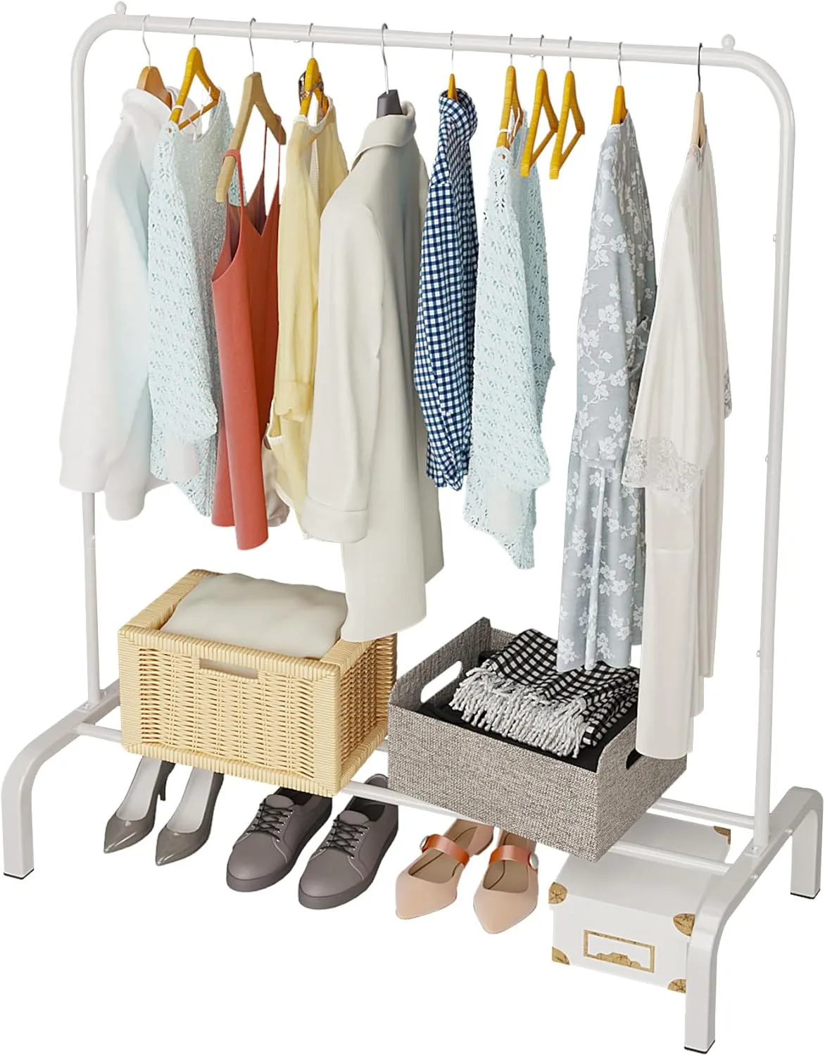 JIUYOTREE Metal Clothing Rack, 43.3 Inches Clothes Garment Coat Rack with Bottom Shelf for Hanging Skirts, Shirts, Sweaters, White