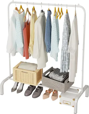 JIUYOTREE Metal Clothing Rack, 43.3 Inches Clothes Garment Coat Rack with Bottom Shelf for Hanging Skirts, Shirts, Sweaters, White