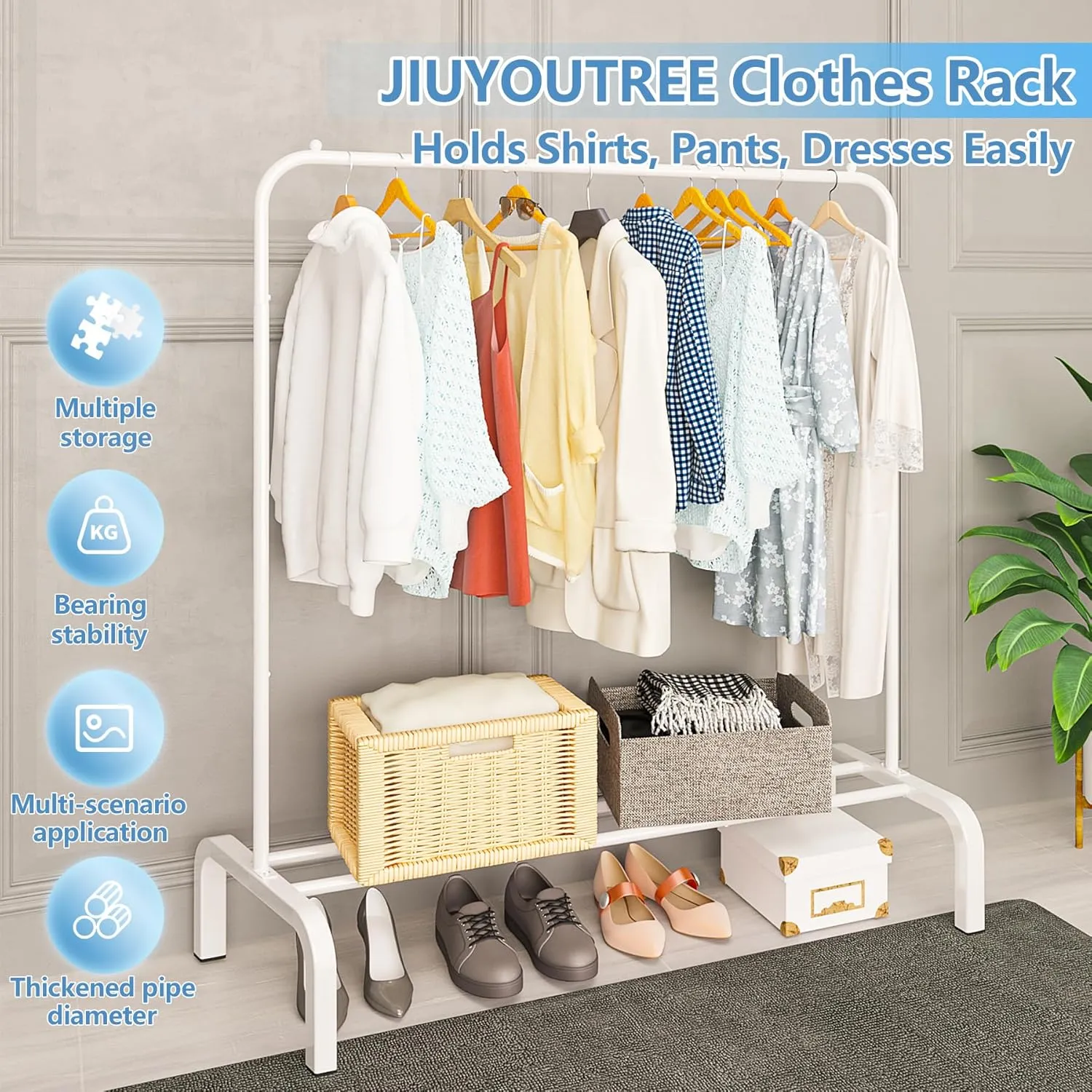JIUYOTREE Metal Clothing Rack, 43.3 Inches Clothes Garment Coat Rack with Bottom Shelf for Hanging Skirts, Shirts, Sweaters, White