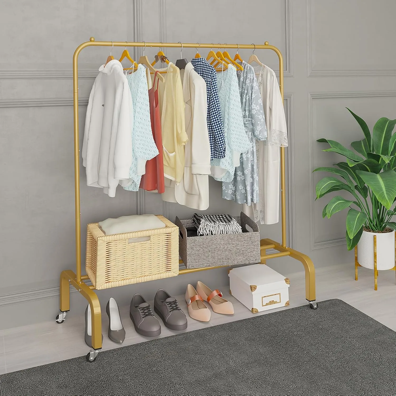 JIUYOTREE Metal Clothing Rack with Wheels 43.3 Inches Rolling Clothes Garment Coat Rack with Bottom Shelf Clothing Rack for Hanging Clothes Coats Skirts Shirts Sweaters Gold