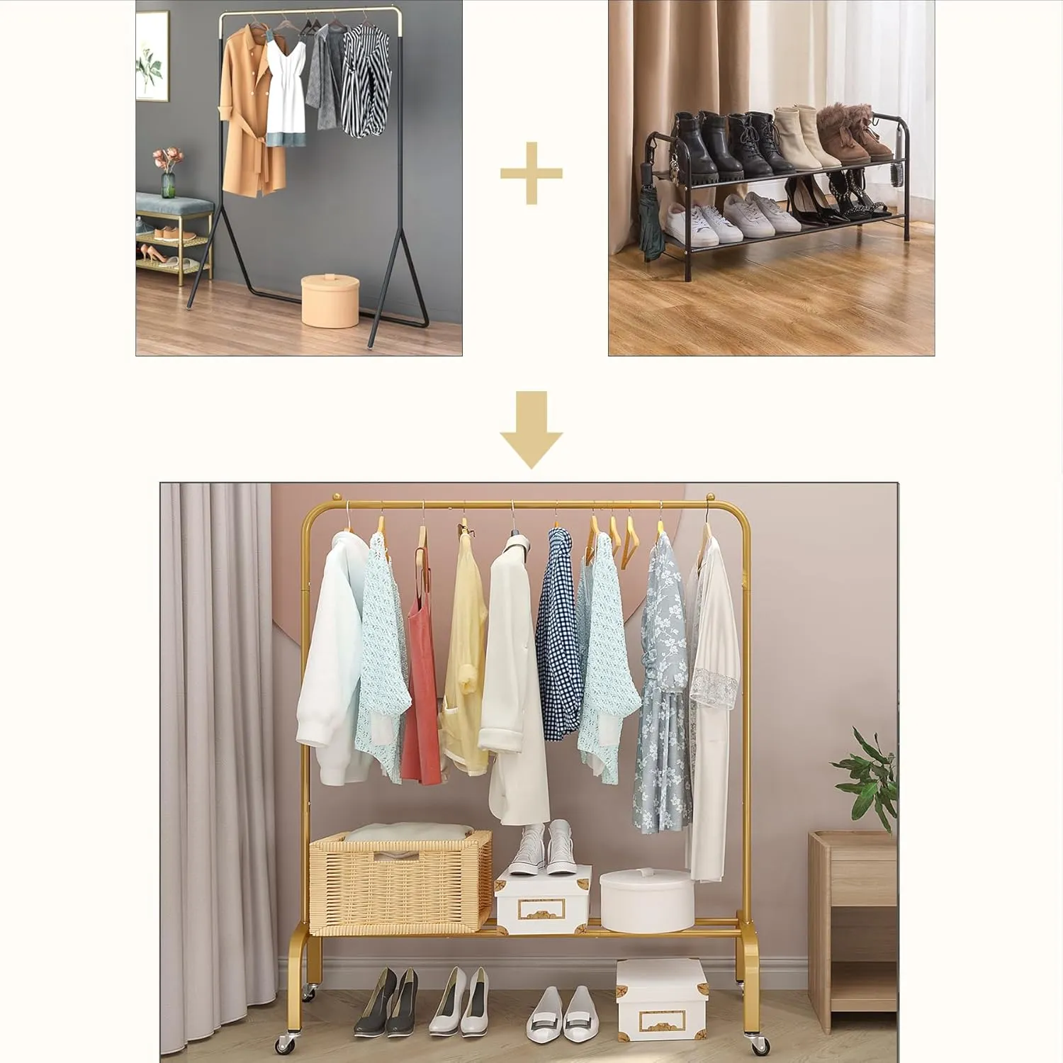 JIUYOTREE Metal Clothing Rack with Wheels 43.3 Inches Rolling Clothes Garment Coat Rack with Bottom Shelf Clothing Rack for Hanging Clothes Coats Skirts Shirts Sweaters Gold