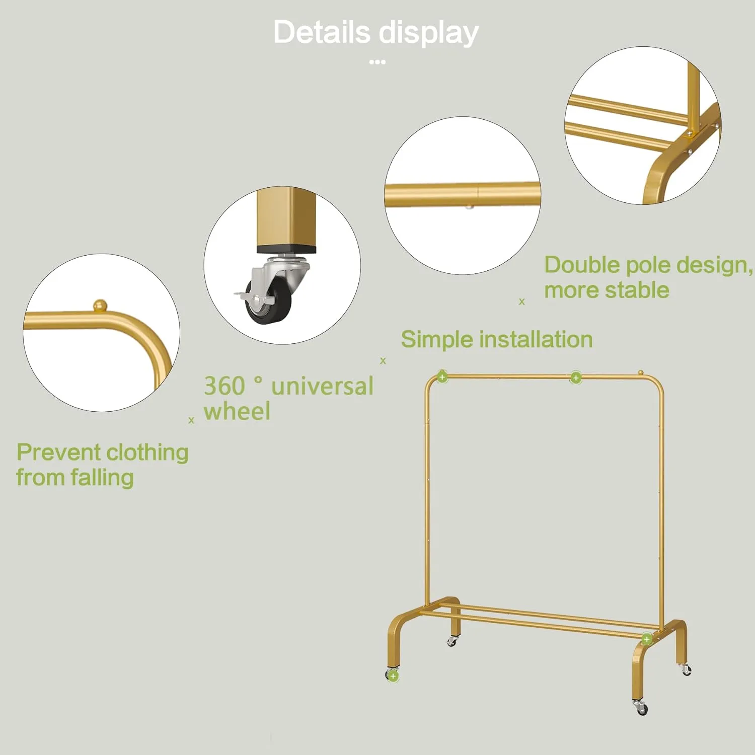 JIUYOTREE Metal Clothing Rack with Wheels 43.3 Inches Rolling Clothes Garment Coat Rack with Bottom Shelf Clothing Rack for Hanging Clothes Coats Skirts Shirts Sweaters Gold