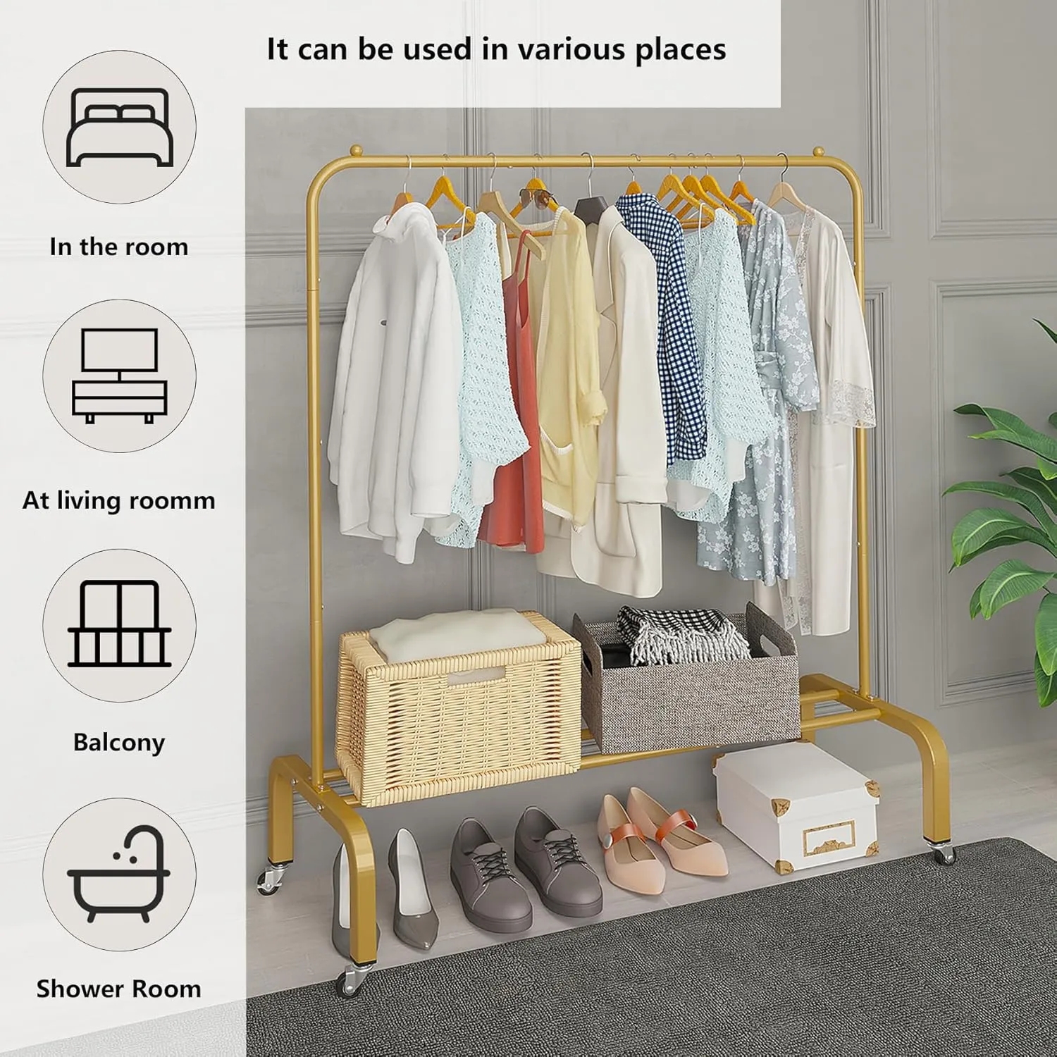 JIUYOTREE Metal Clothing Rack with Wheels 43.3 Inches Rolling Clothes Garment Coat Rack with Bottom Shelf Clothing Rack for Hanging Clothes Coats Skirts Shirts Sweaters Gold