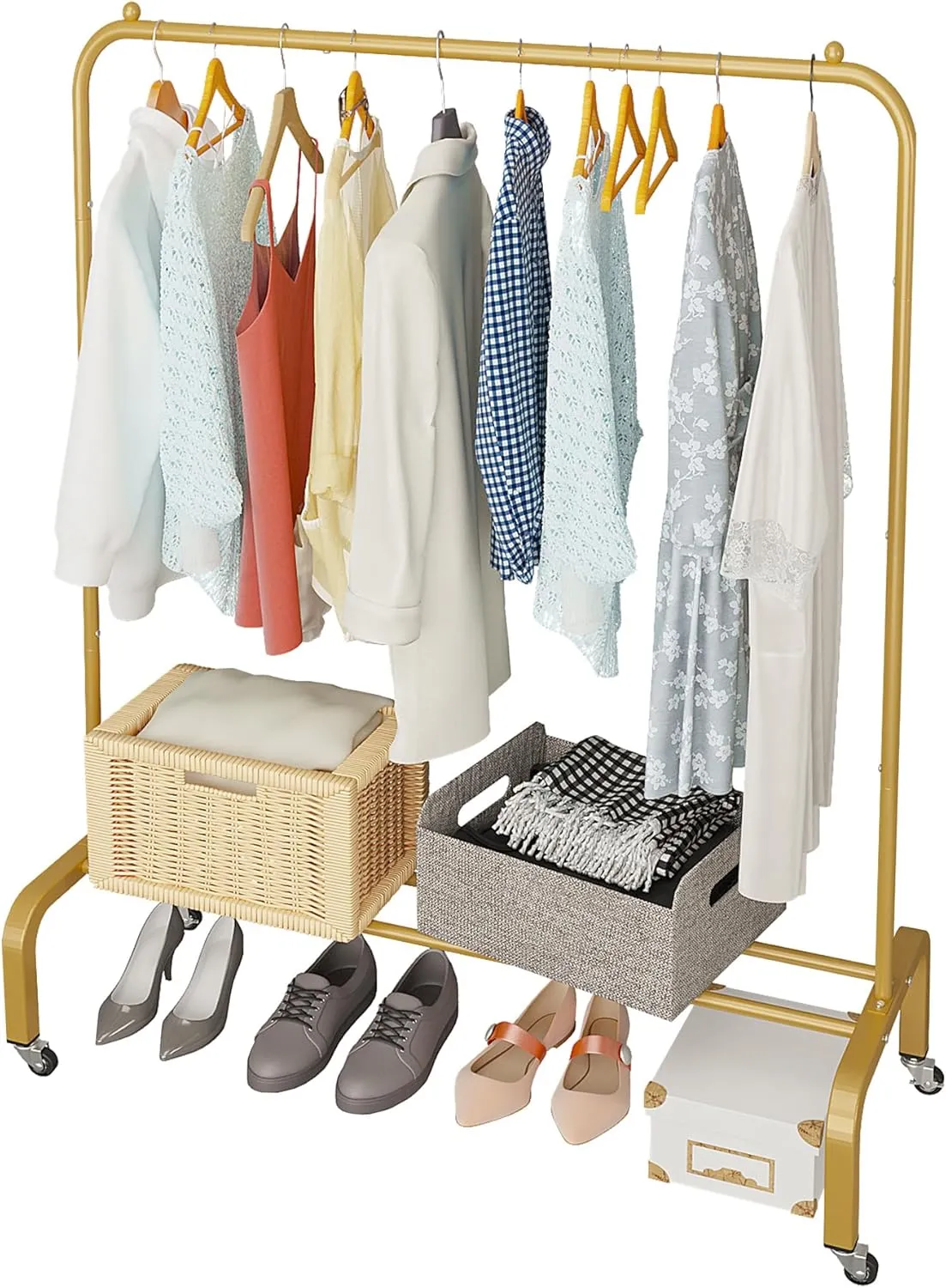 JIUYOTREE Metal Clothing Rack with Wheels 43.3 Inches Rolling Clothes Garment Coat Rack with Bottom Shelf Clothing Rack for Hanging Clothes Coats Skirts Shirts Sweaters Gold