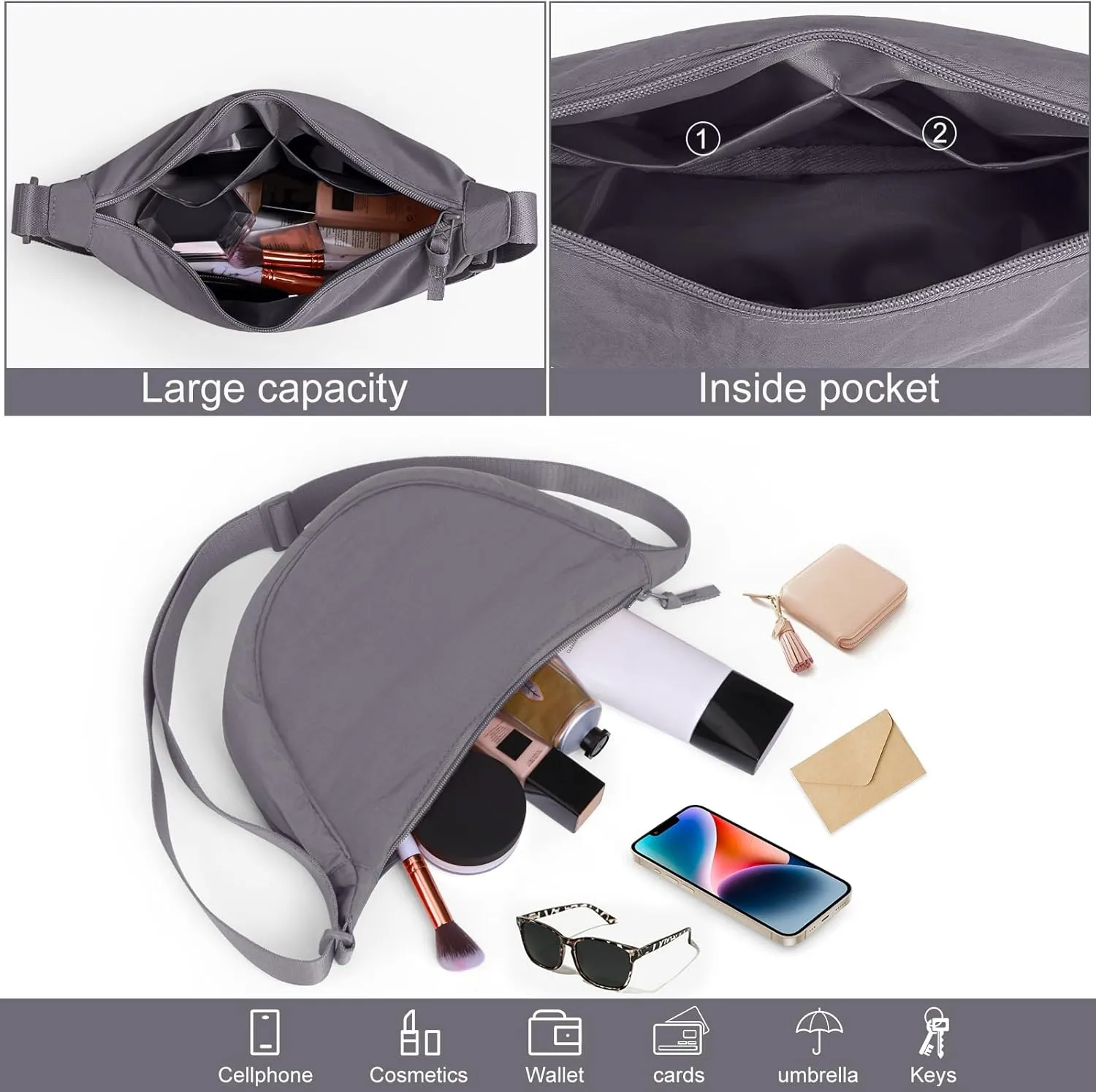 JQWSVE Nylon Crescent Bag for Women Men Crossbody Bag Hobo Sling Crescent Shoulder Bag Purse Casual Solid Color Dumpling Bag