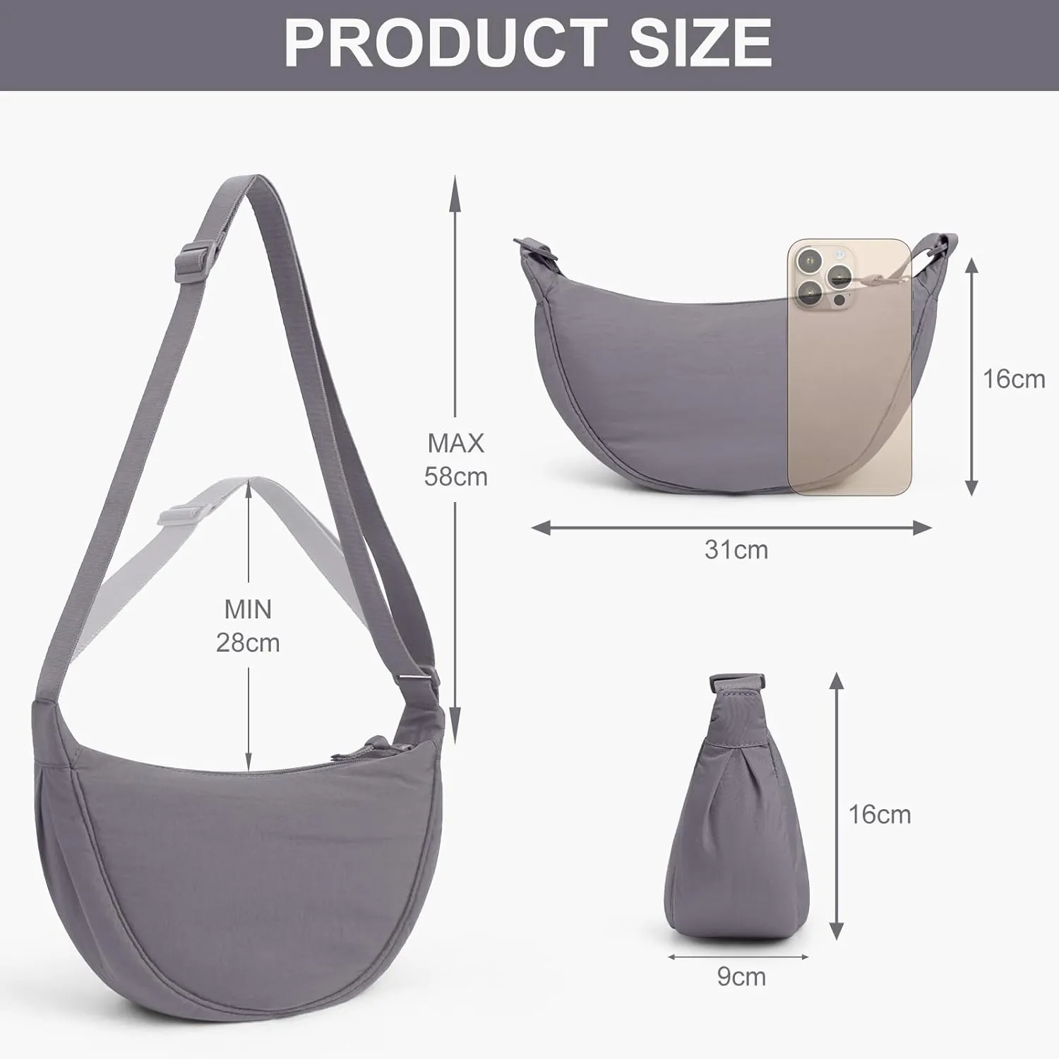 JQWSVE Nylon Crescent Bag for Women Men Crossbody Bag Hobo Sling Crescent Shoulder Bag Purse Casual Solid Color Dumpling Bag